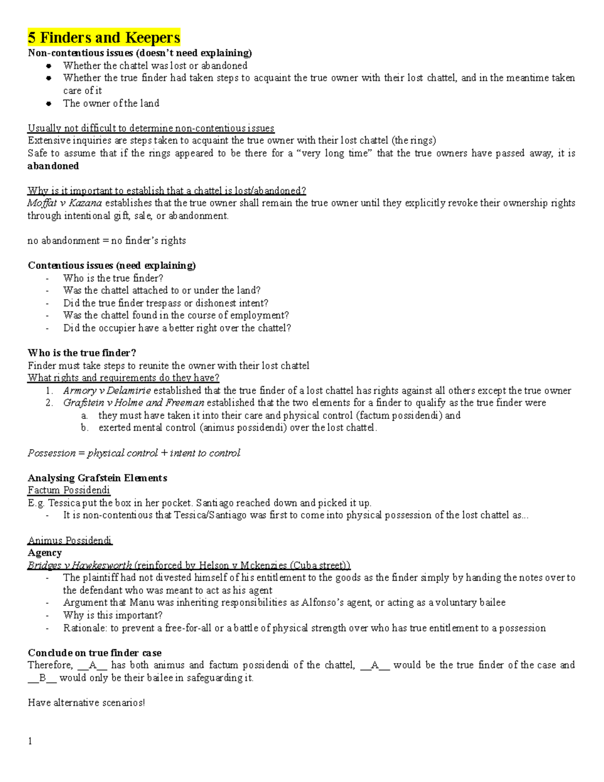 Law 131: Legal Method Notes on Finders and Chattels Rights - Studocu