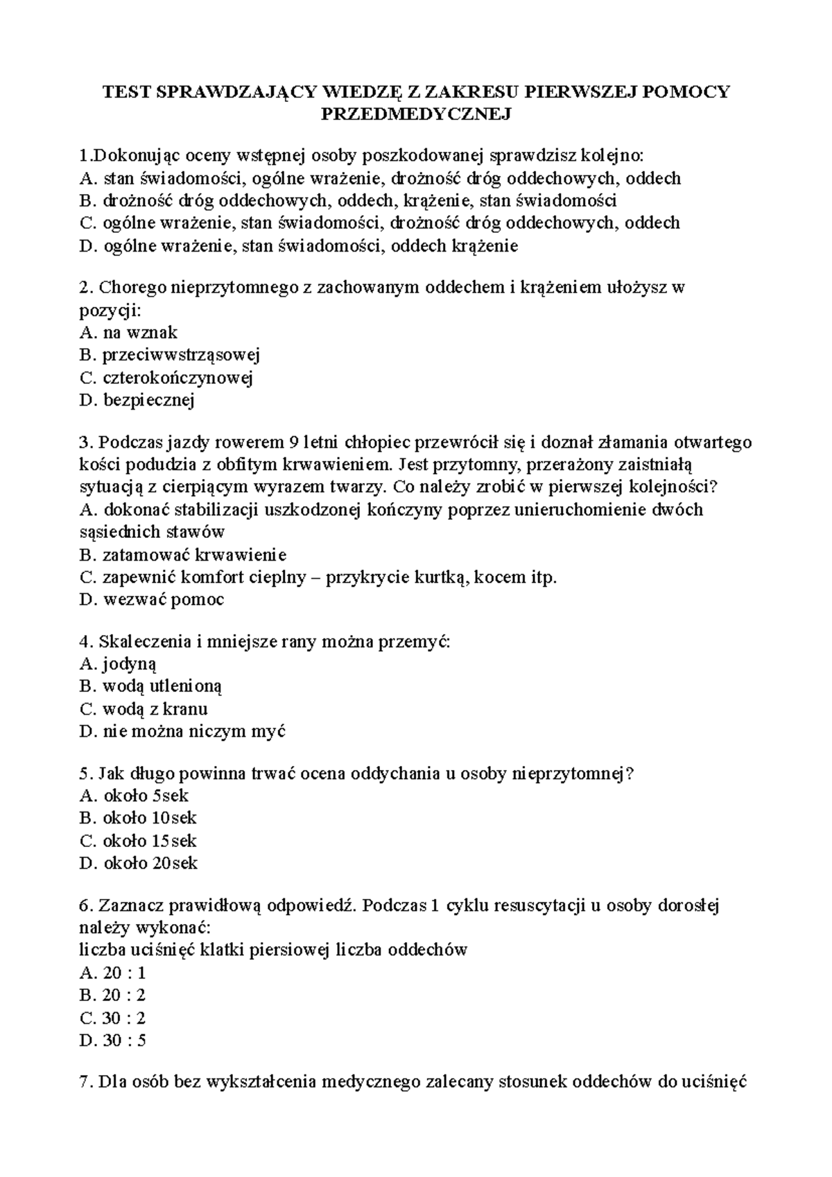 TEST SPRAWDZAJĄCY Z PIERWSZEJ POMOCY PRZEDMEDYCZNEJ - PYTANIA I