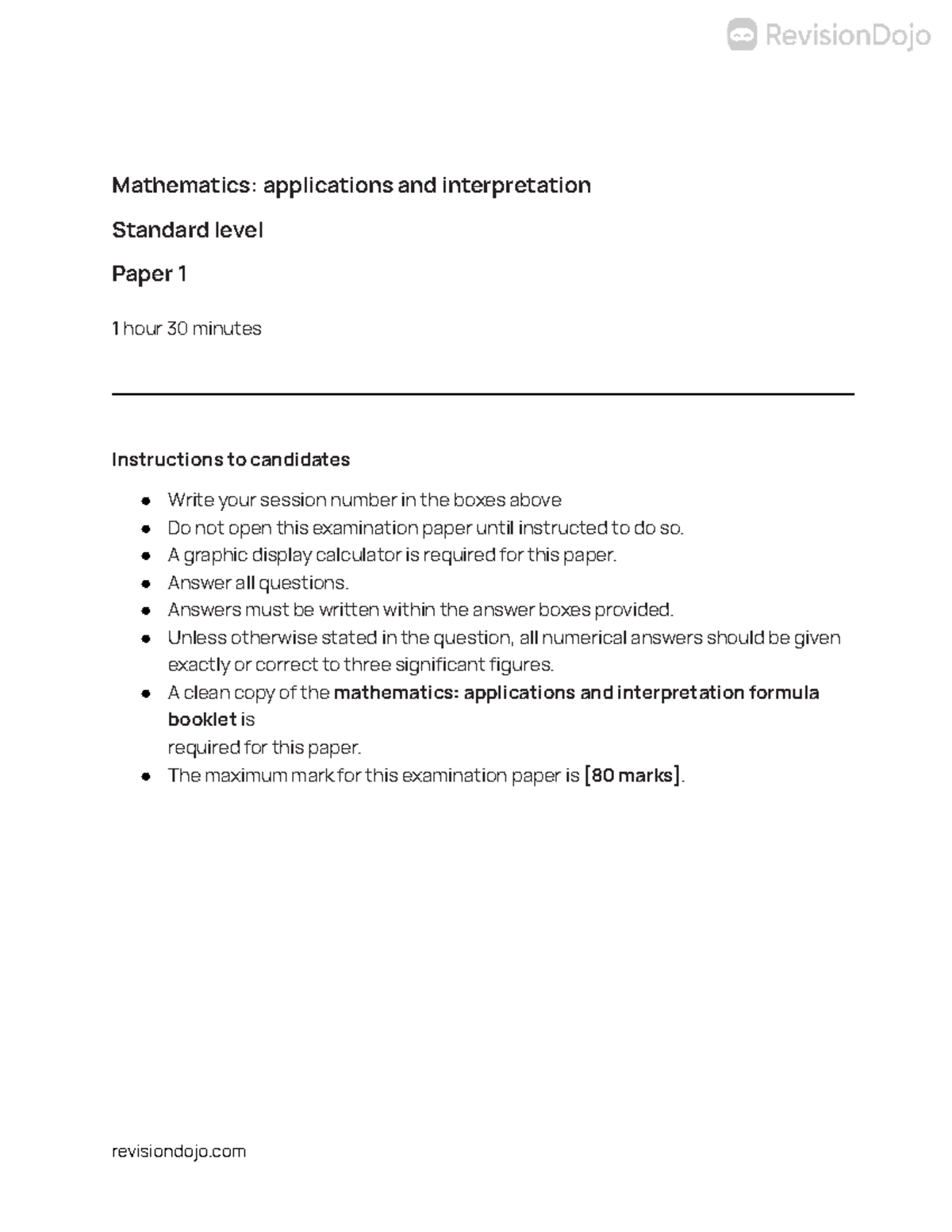 Set 1 Math AI SL Predicted Paper 1: Exam Instructions & Questions - Studocu