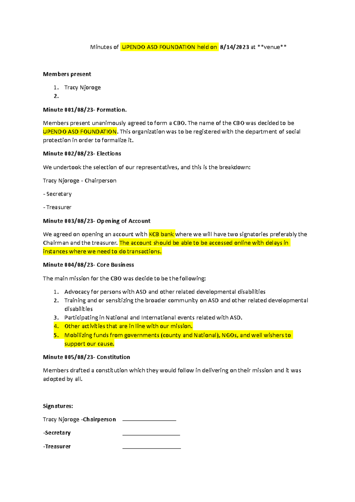 CBO Formation Minutes - UPENDO ASD FOUNDATION Meeting 08/14/2023 - Studocu