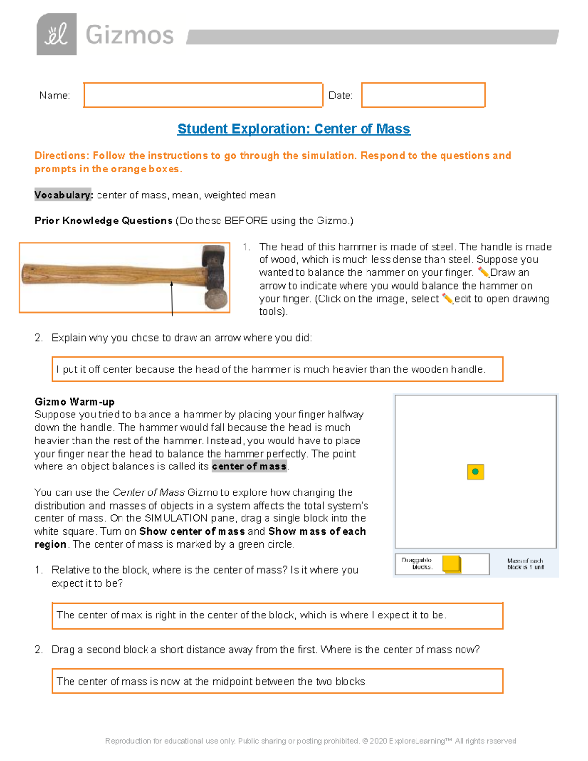 Center of Mass Exploration (Center Mass SE) - Student Activity Guide ...