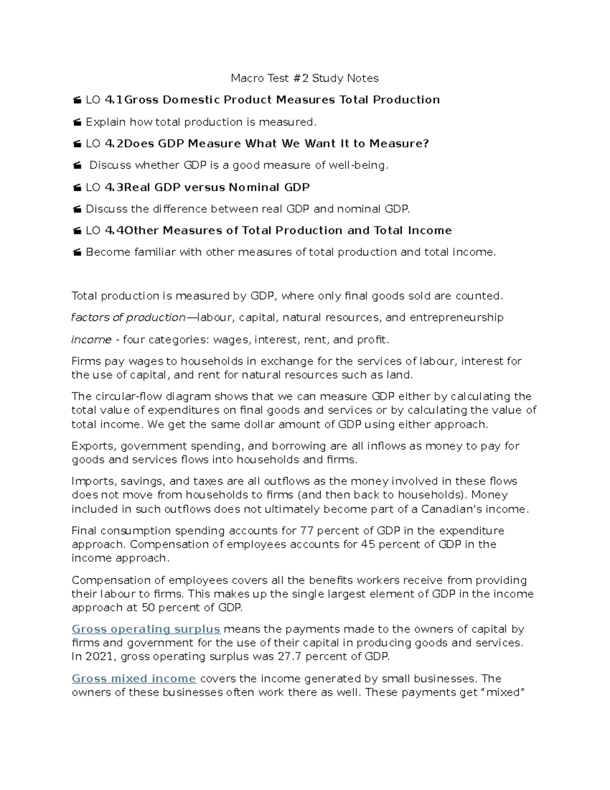 Macro Test #2 Study Notes: Understanding GDP and Total Production - Studocu
