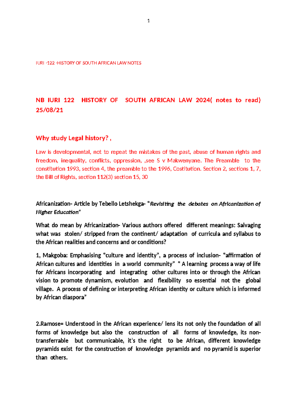 Introduction to Legal History Notes for IURI 122 - 2024 - Studocu
