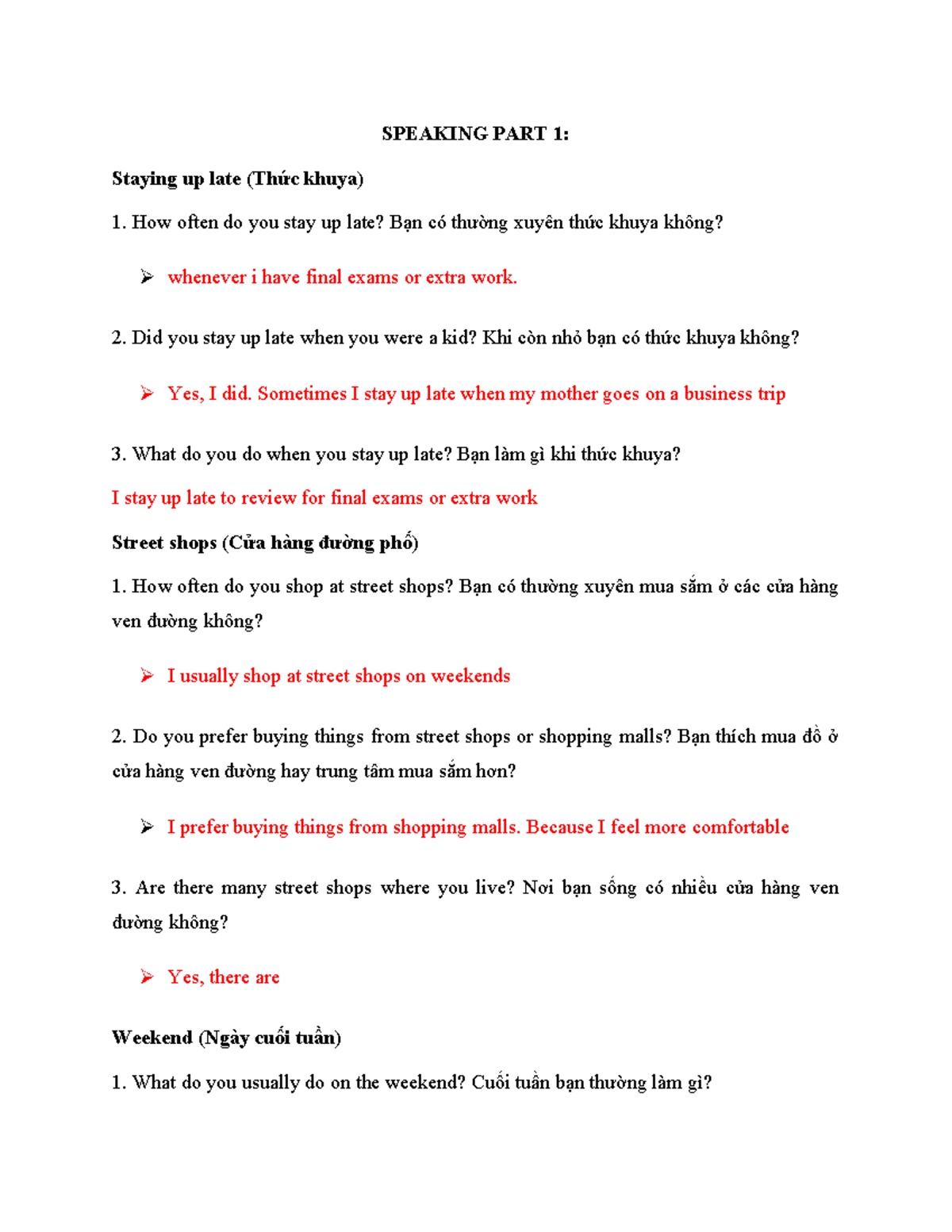 SPEAKING PART 1: Late Nights, Street Shops, and Weekend Activities ...