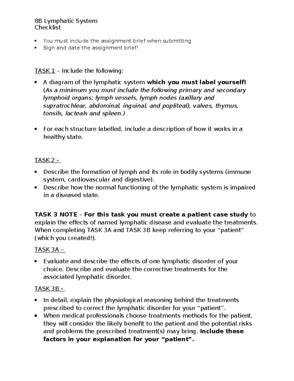 8B Lymphatic System Assignment Checklist and Case Study Guide - Studocu