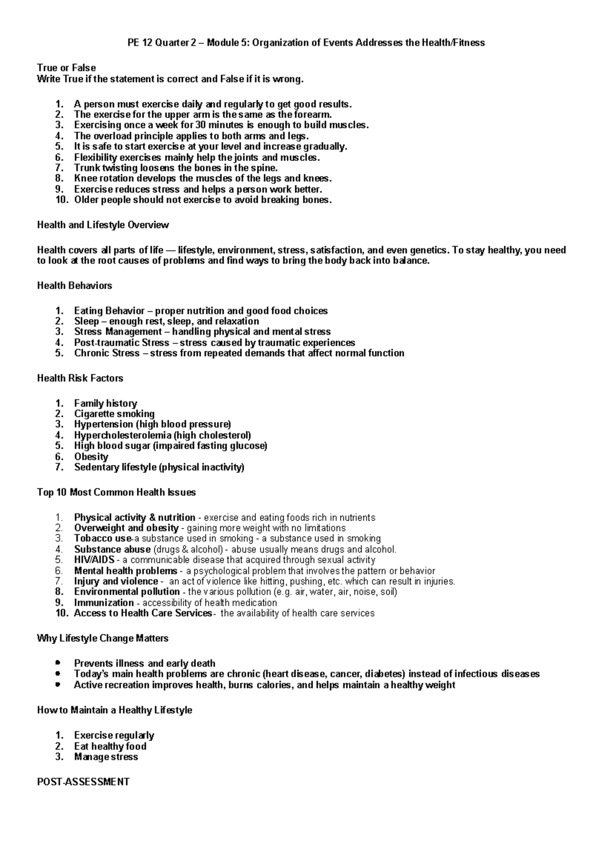 PE 12 Q2 Module 5: Understanding Health, Lifestyle, and Dance - Studocu