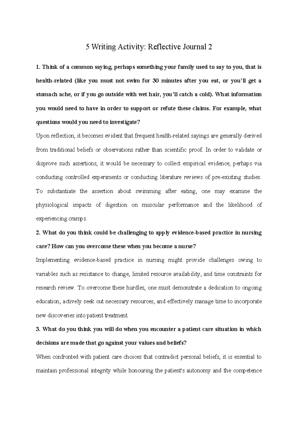 5 Writing Activity: Reflective Journal Insights and Nursing Challenges ...