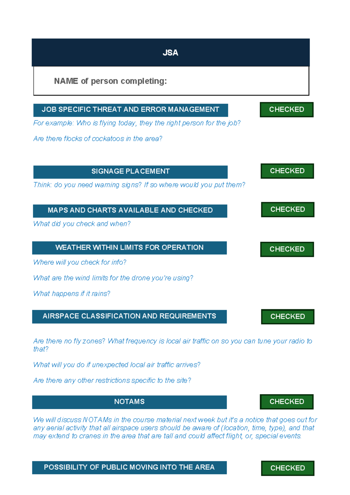 JSA Template: Job-Specific Threat & Error Management Checklist - Studocu