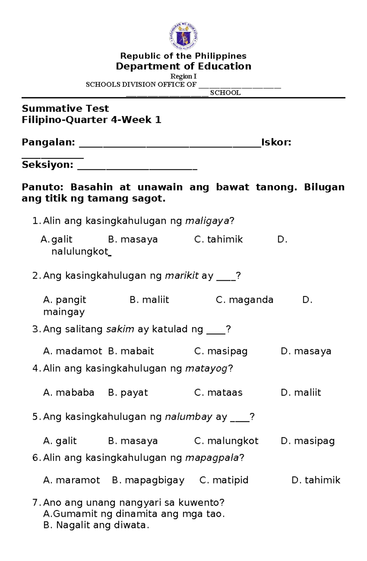 G2 Filipino Summative Test 1 Q4 W1 - Studocu