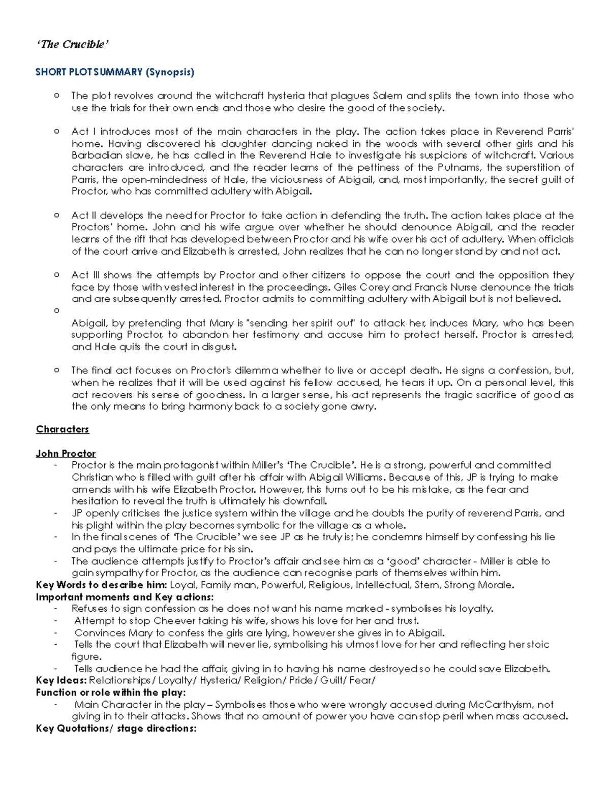 CRU 101: Crucible Quotes & Key Themes Analysis - Studocu