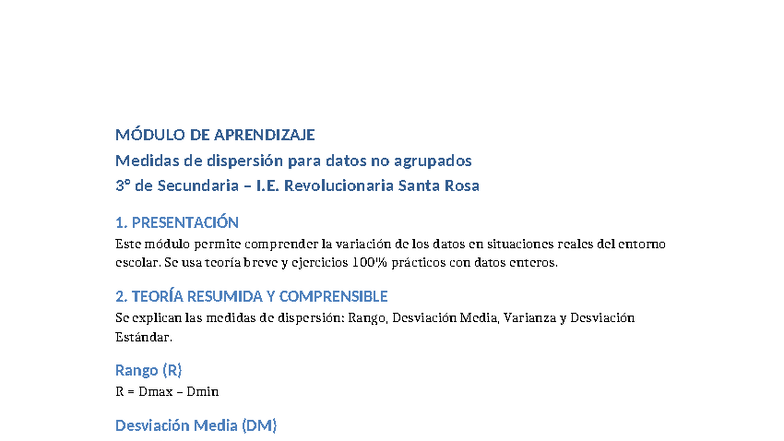 Módulo de Aprendizaje: Medidas de Dispersión Secundaria I.E. Santa Rosa ...