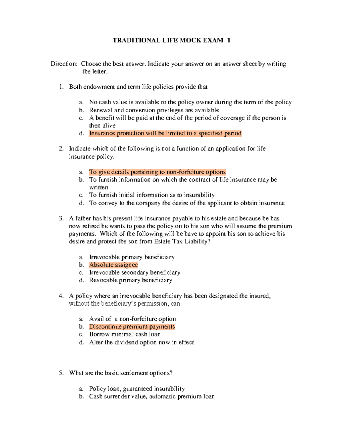 TRADITIONAL LIFE MOCK EXAM 1 REVIEWER - Studocu