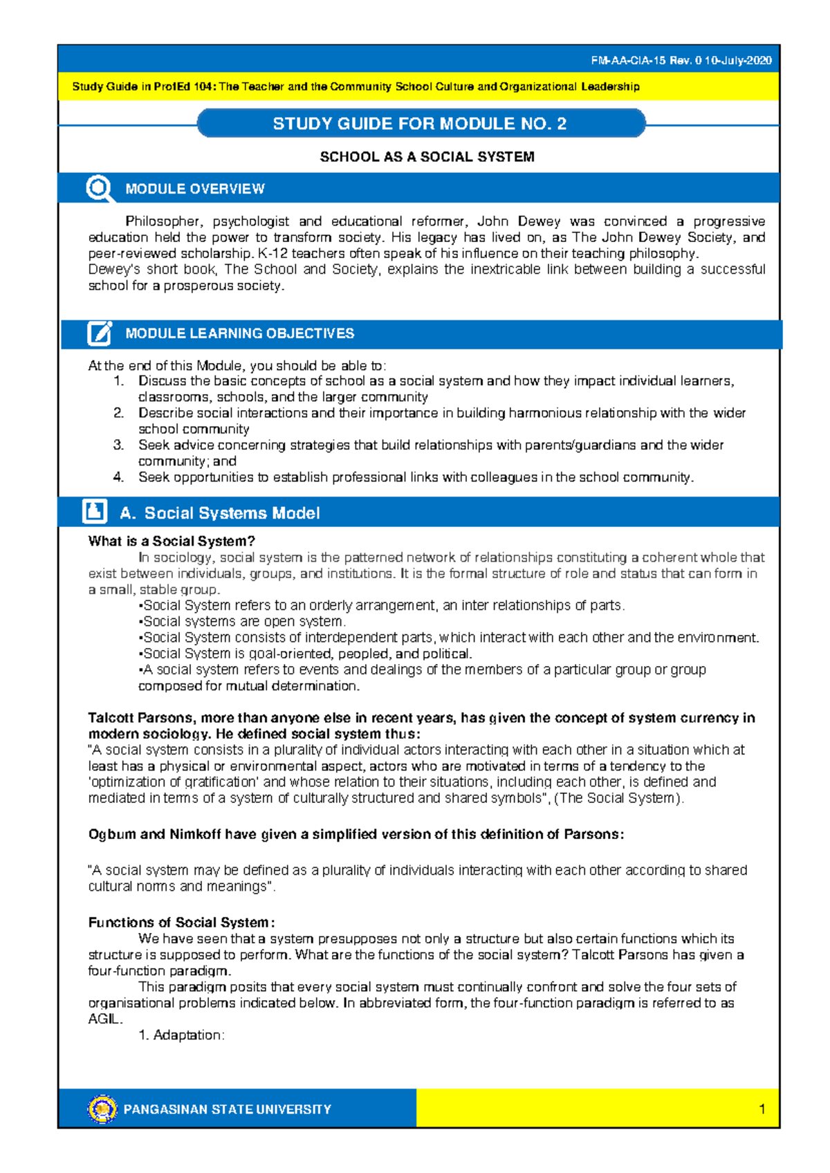 ProfEd 104: Study Guide on School as a Social System - Module 2 - Studocu