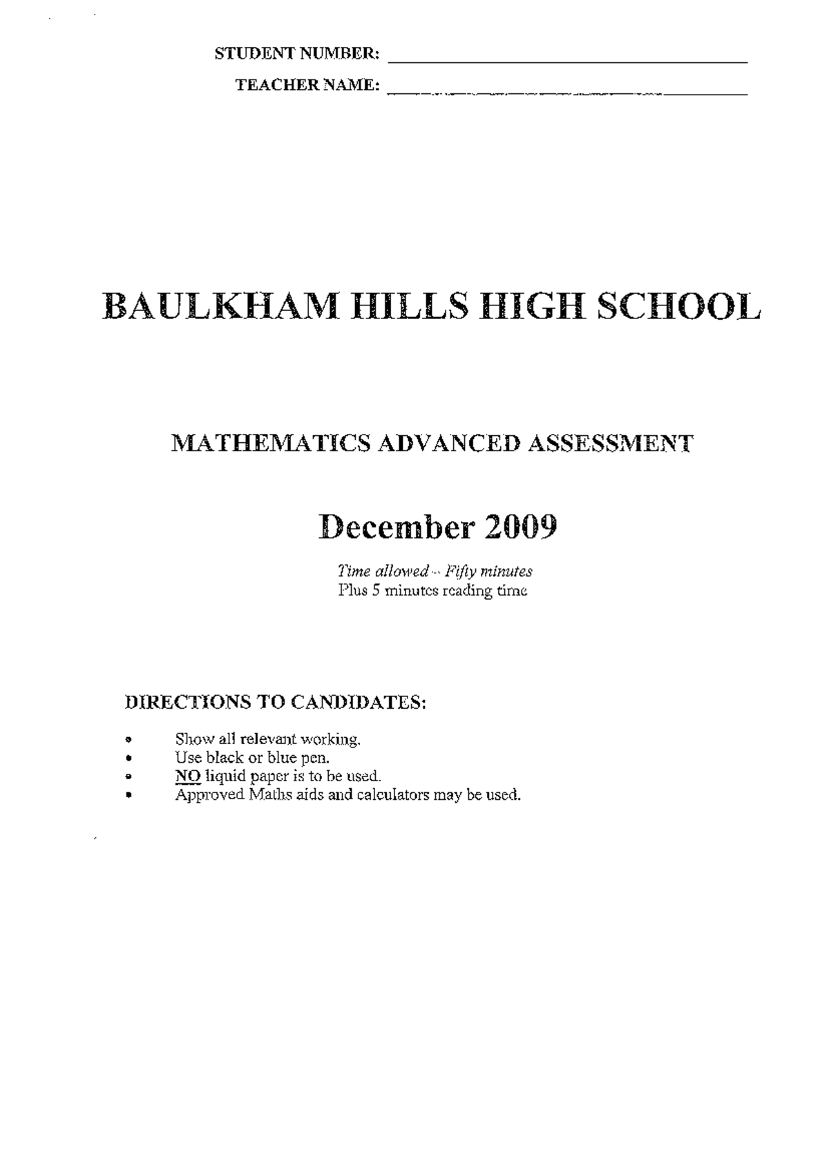 Mathematics Advanced Assessment AT2 2009 - Past Paper Exam - Studocu