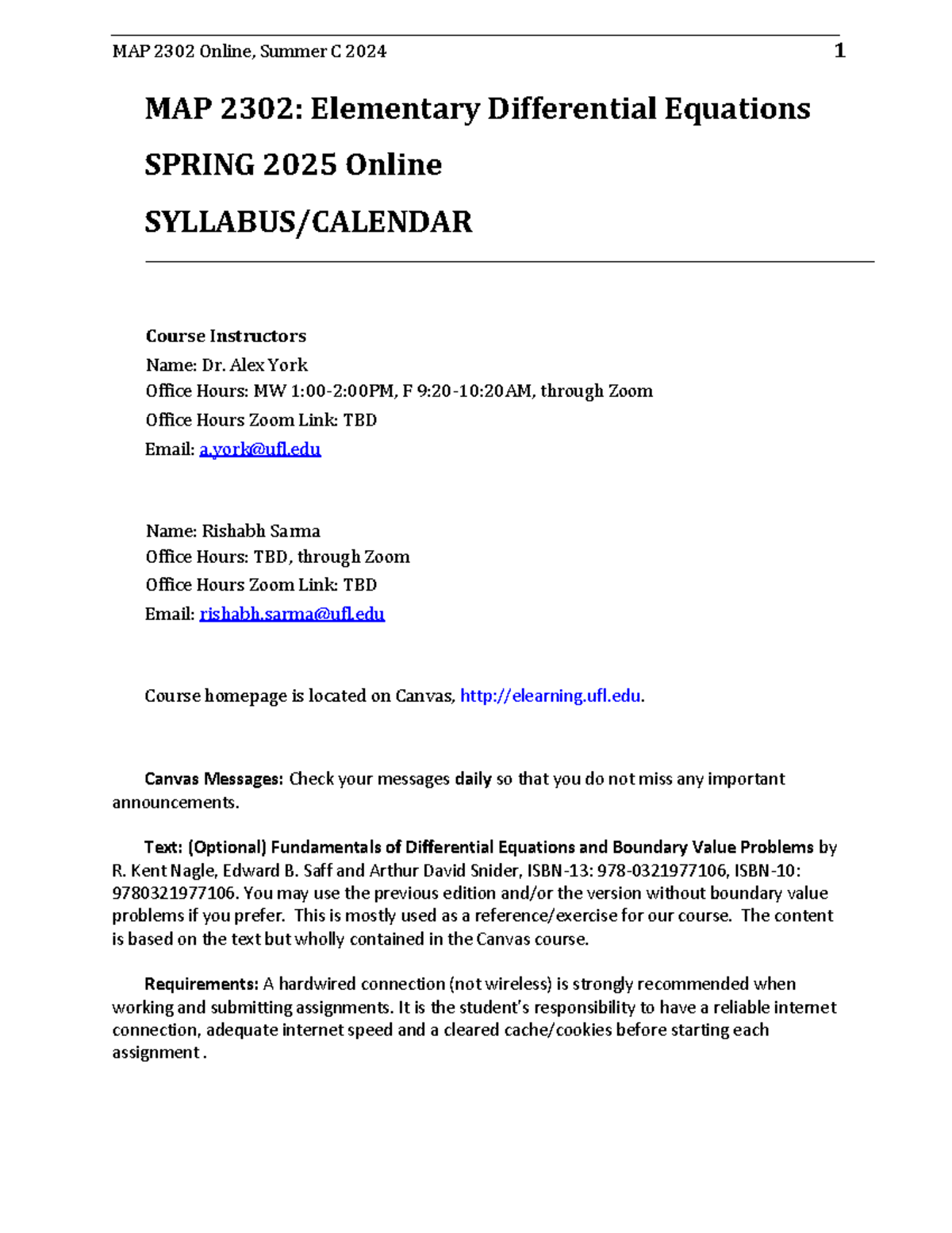 MAP2302 Online Spring 2025 - Elementary Differential Equations Syllabus ...