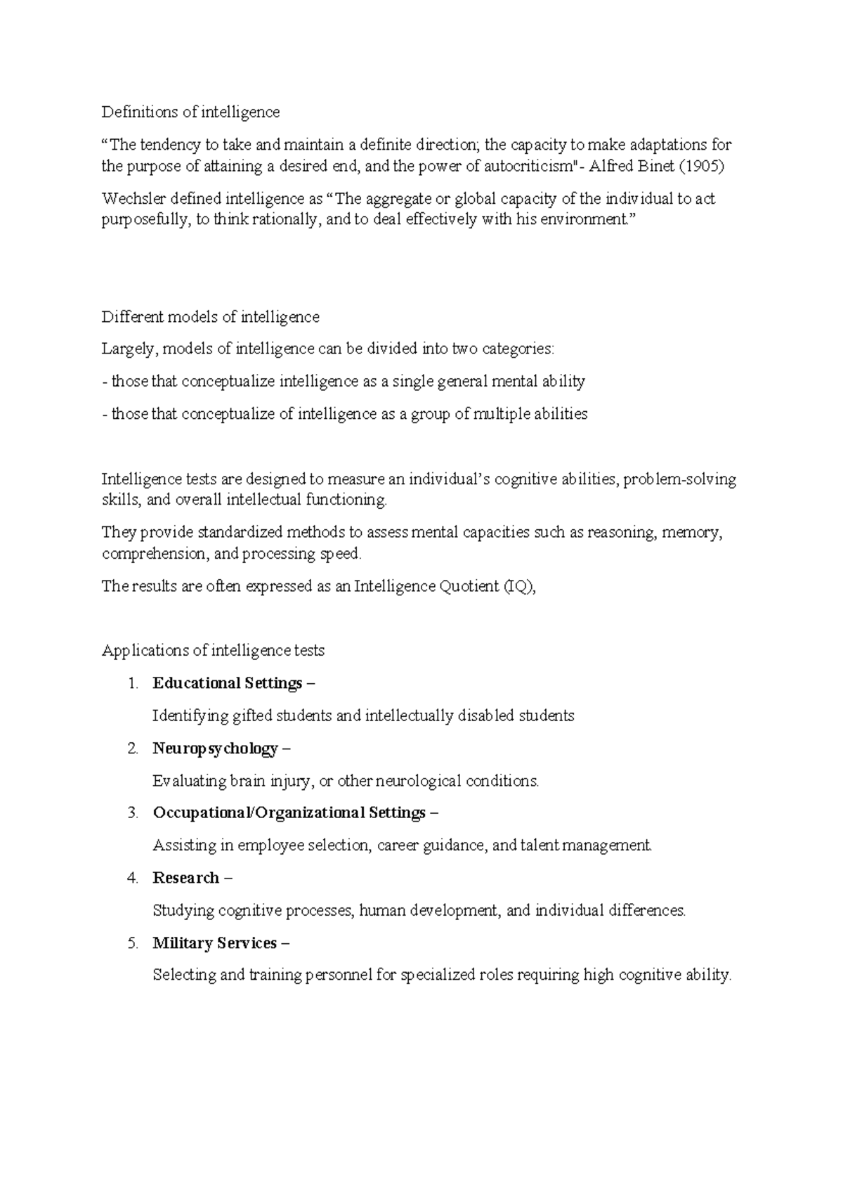 Intelligence Tests Overview - Minor Insights and Applications - Studocu