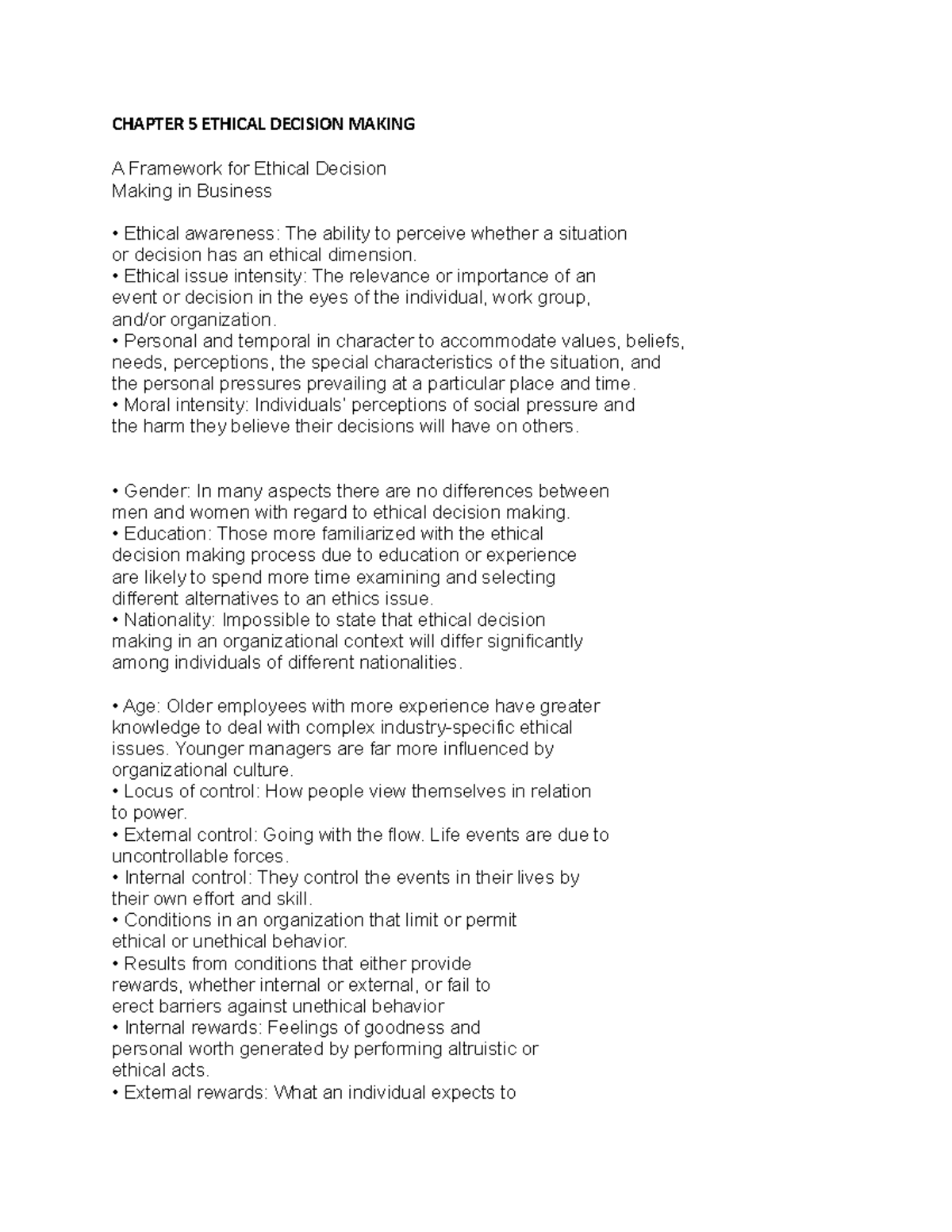 Chapter 5: Ethical Decision Making in Business Framework - Studocu