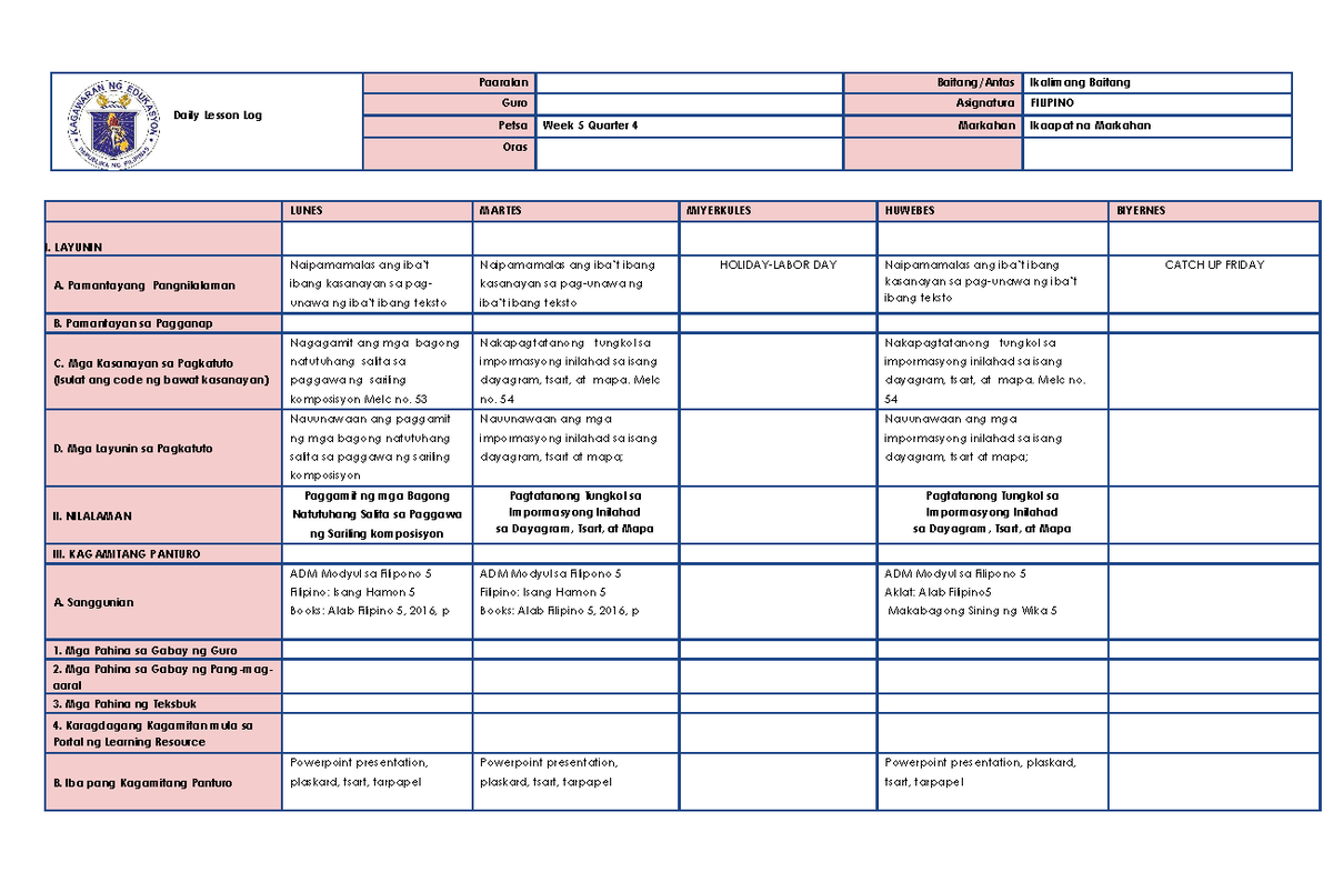DLL Q4 W5 Filipino 5 - this is a lesson for lecture - Daily Lesson Log ...