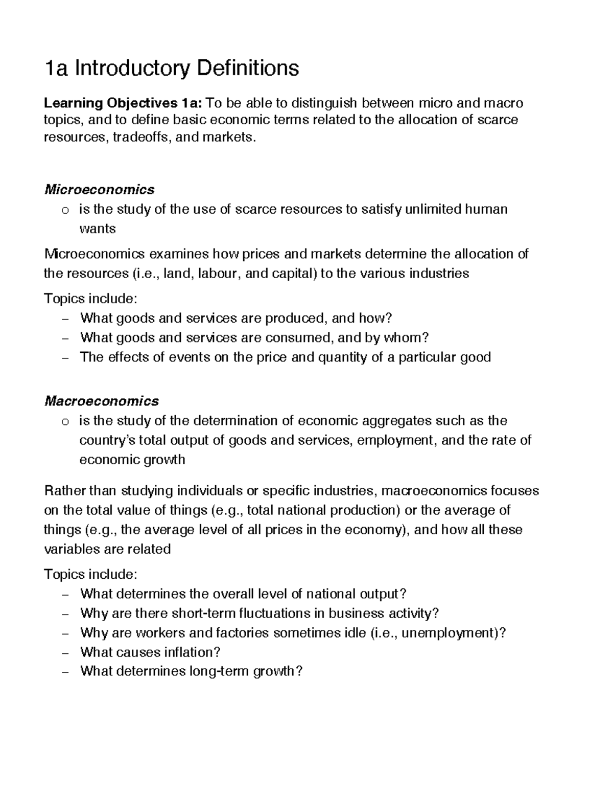 1220 - 01 Lecture Notes: Micro vs Macro Economics Concepts - Studocu