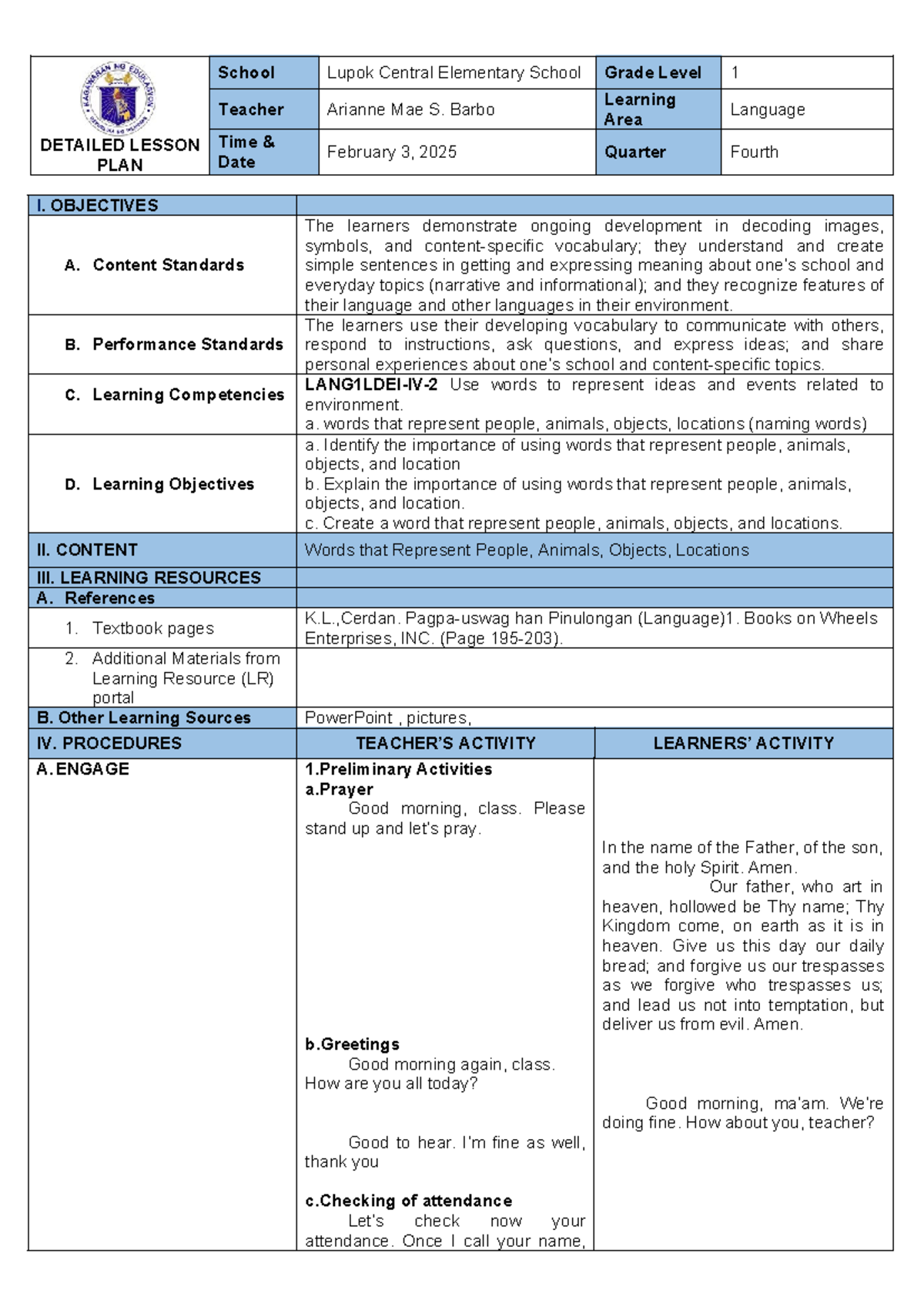 Language 1 DLP: Detailed Lesson Plan for Grade 1 on Descriptive Words ...
