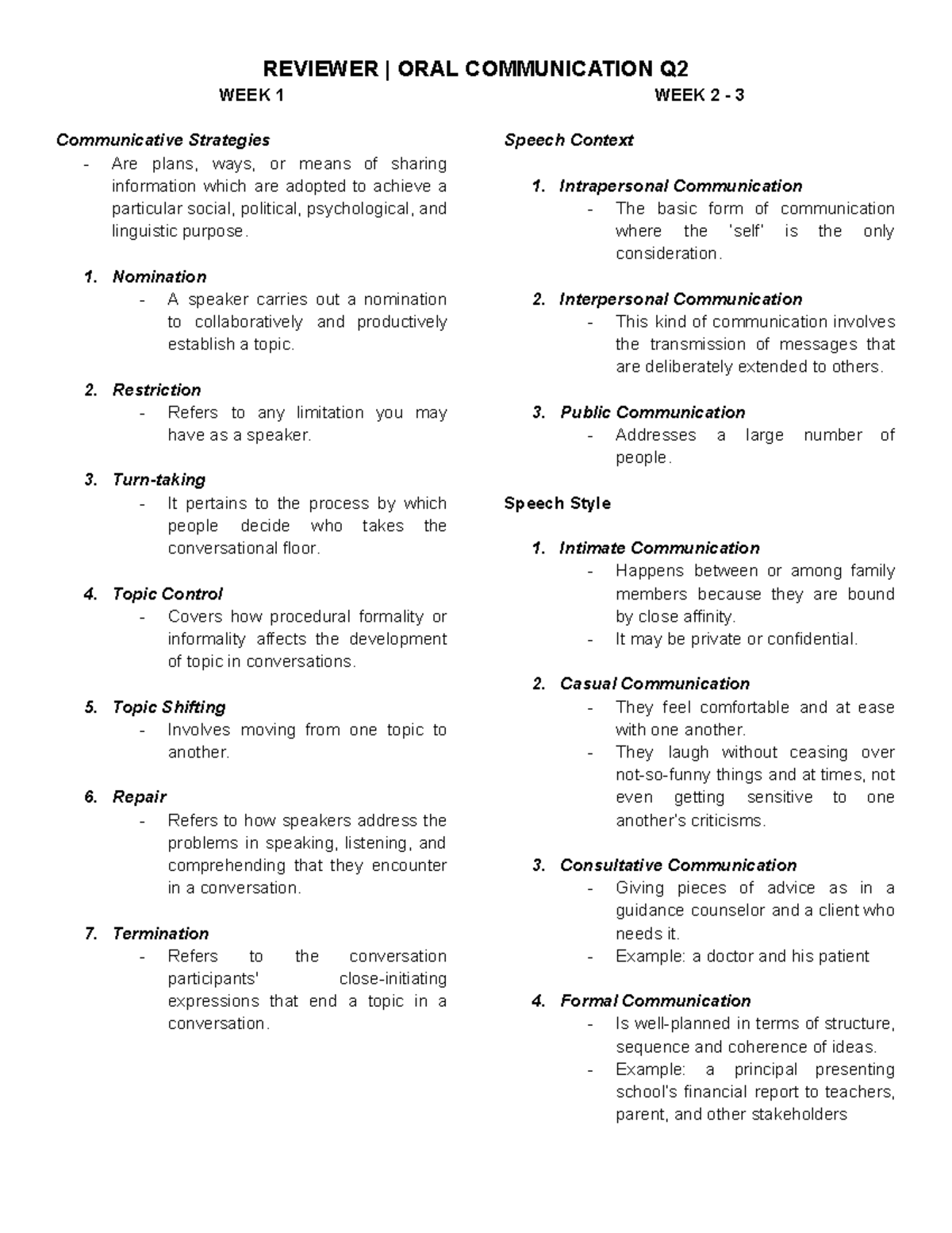 Reviewer - Oral Com Q2 (FULL) - WEEK 1 Communicative Strategies Are ...
