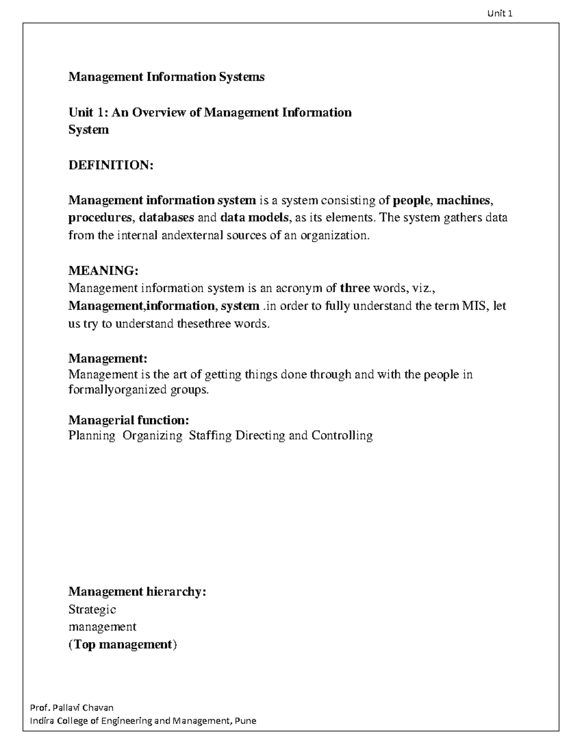 MIS Unit 1: Overview of Management Information Systems and Their Impact ...