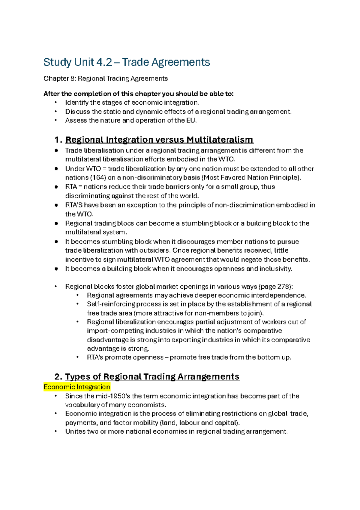 EKIP212 Final Exam Notes: Trade Agreements & Economic Integration - Studocu