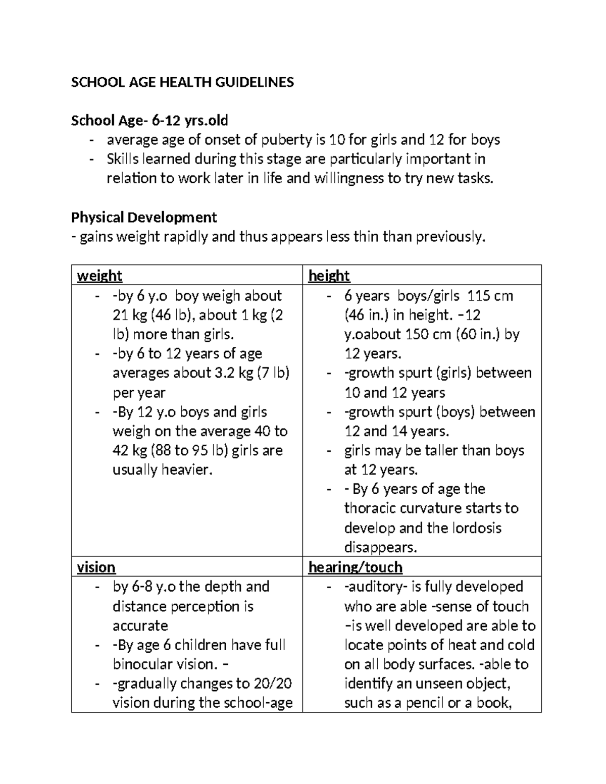 Pediatric Nursing Review: School-Age Health Guidelines Summary - Studocu