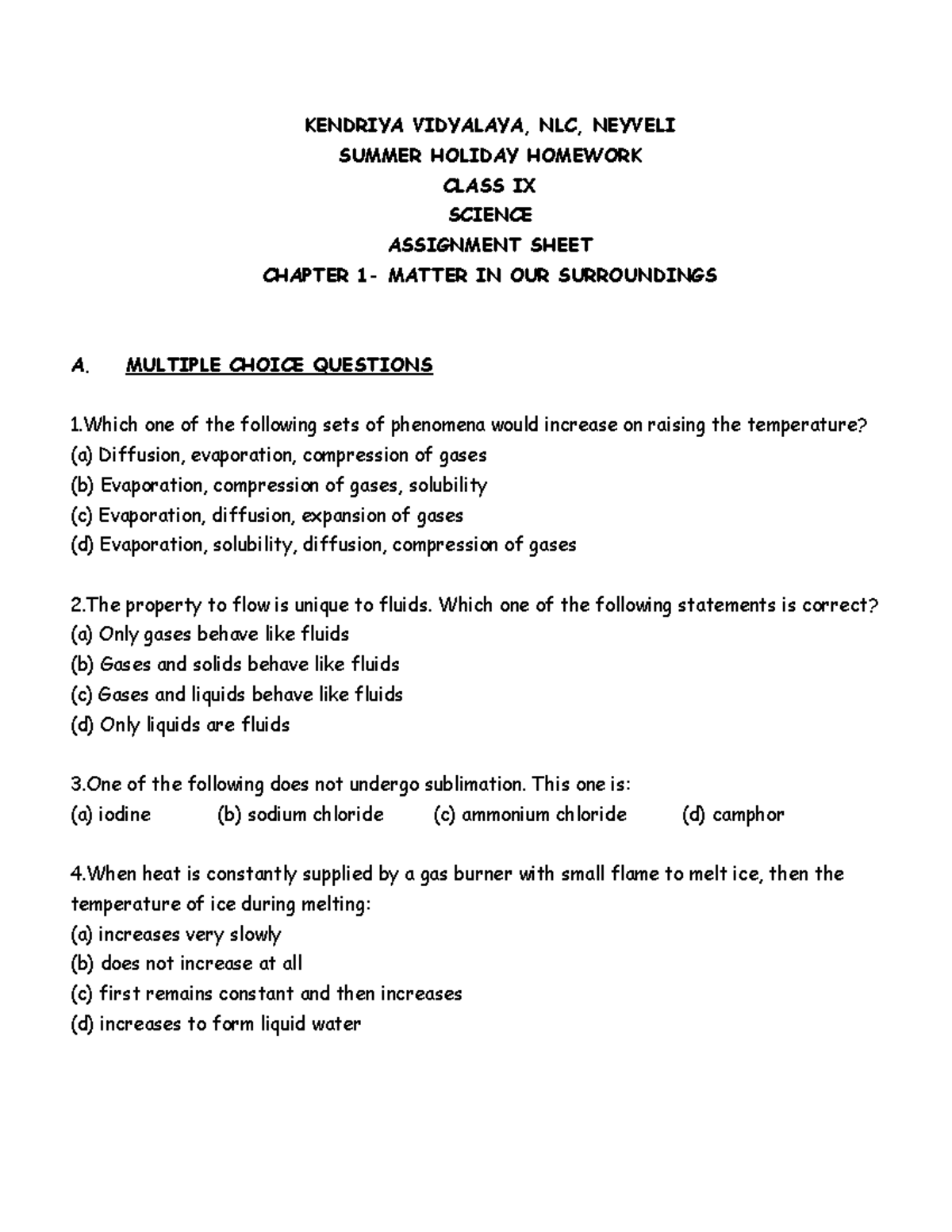 Class IX- Assignment Sheet, Science - KENDRIYA VIDYALAYA, NLC, NEYVELI ...