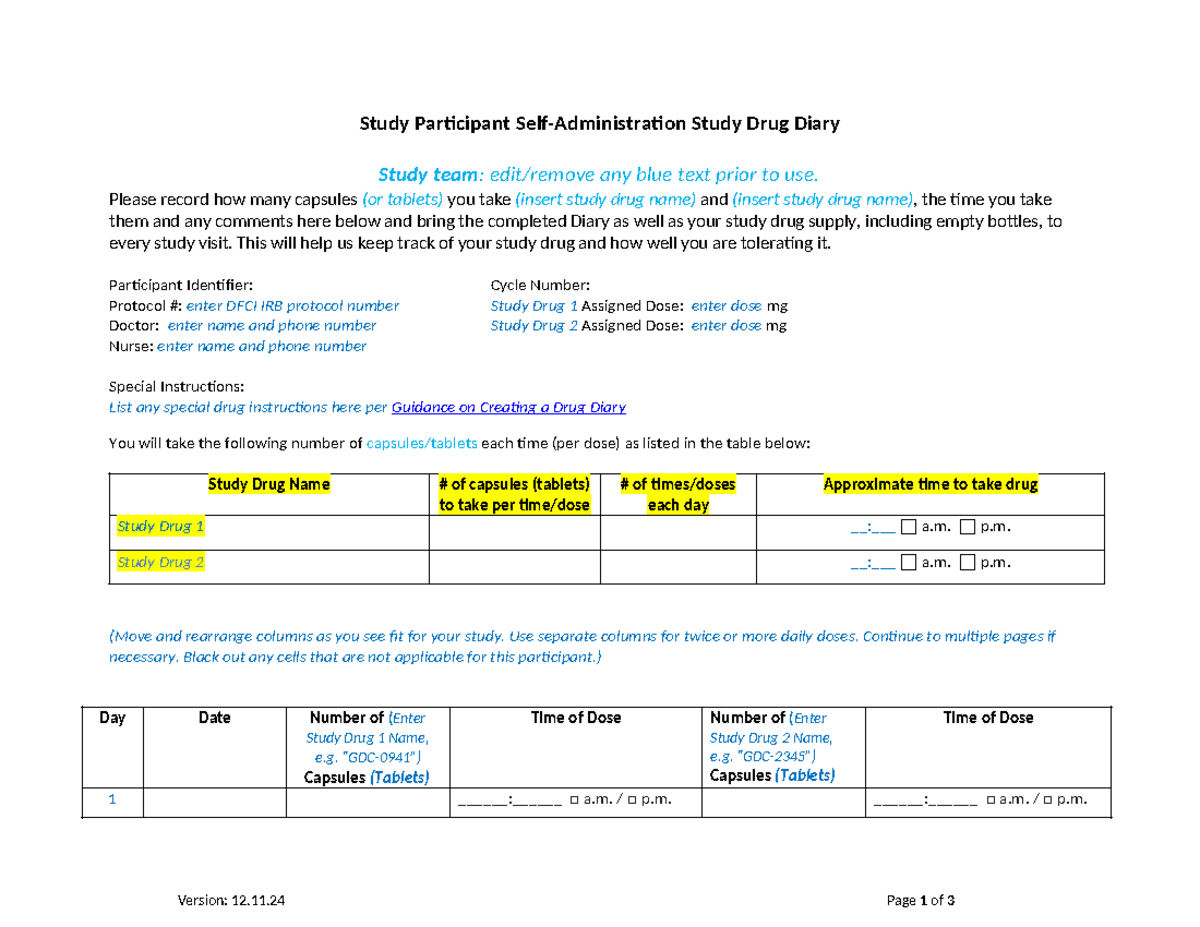 Drug Diary Template for Study Participants (DFC-IRB) - Studocu