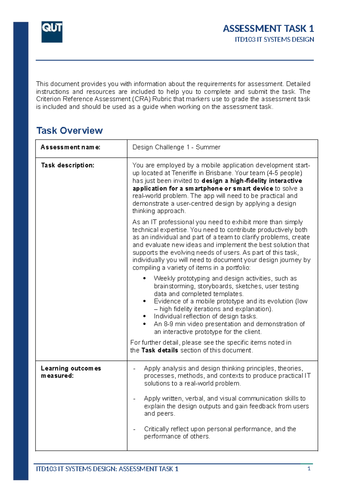 ITD103 ASSESSMENT TASK 1: Design Challenge 1 Guidelines and Rubric ...