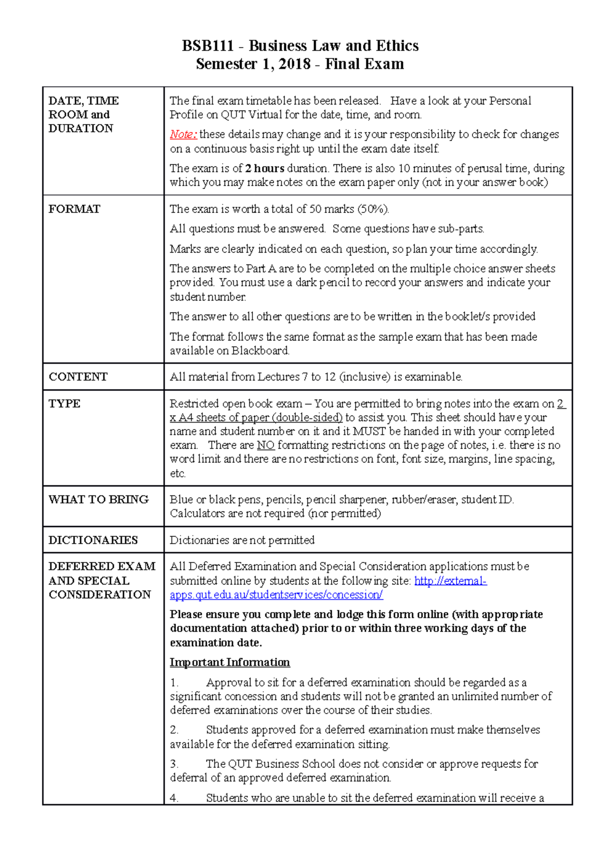 Final exam memo Sem1 2018 - BSB111 - Business Law and Ethics Semester 1 ...