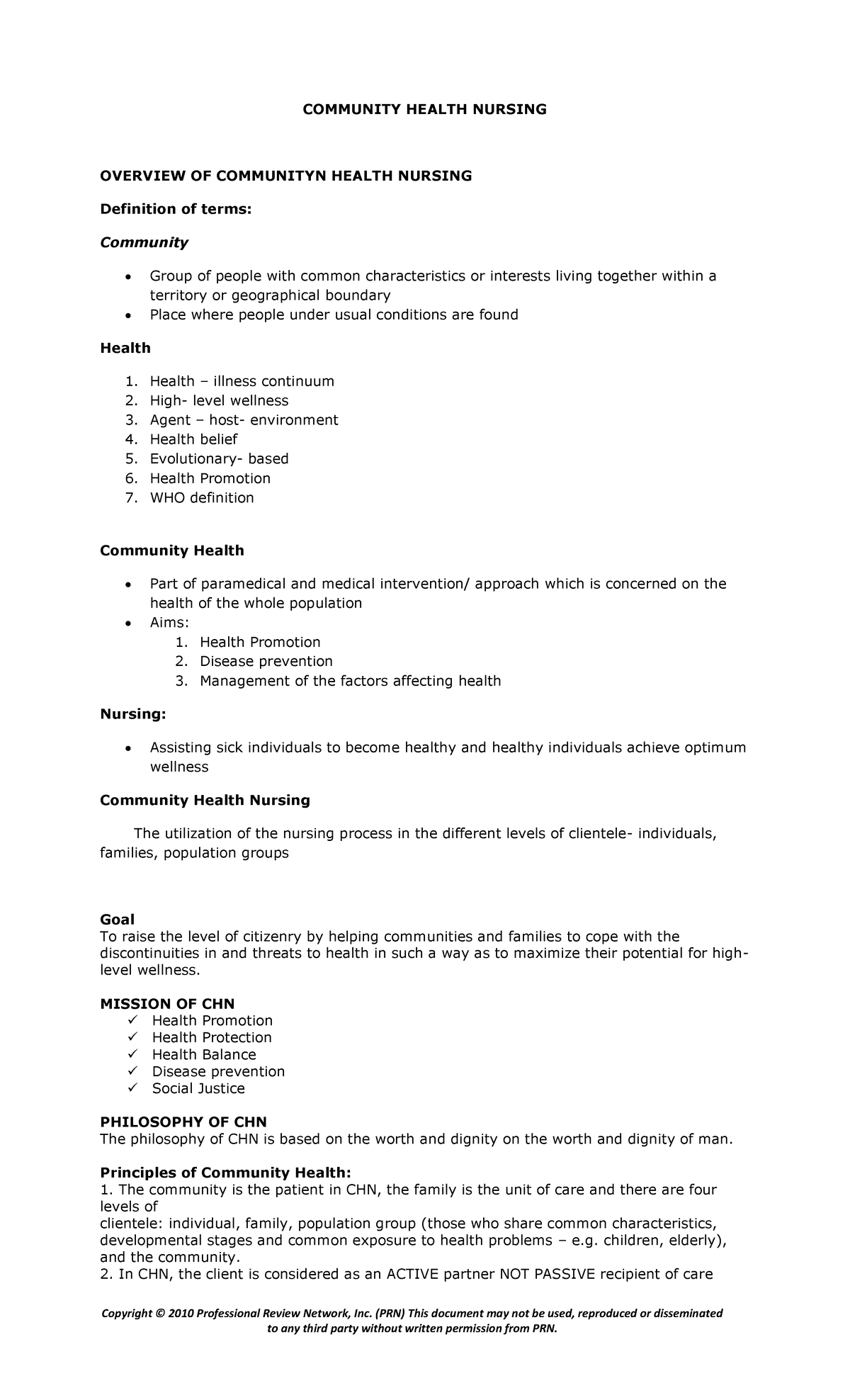COMMUNITY HEALTH NURSING: OVERVIEW AND KEY CONCEPTS (CHN 101) - Studocu