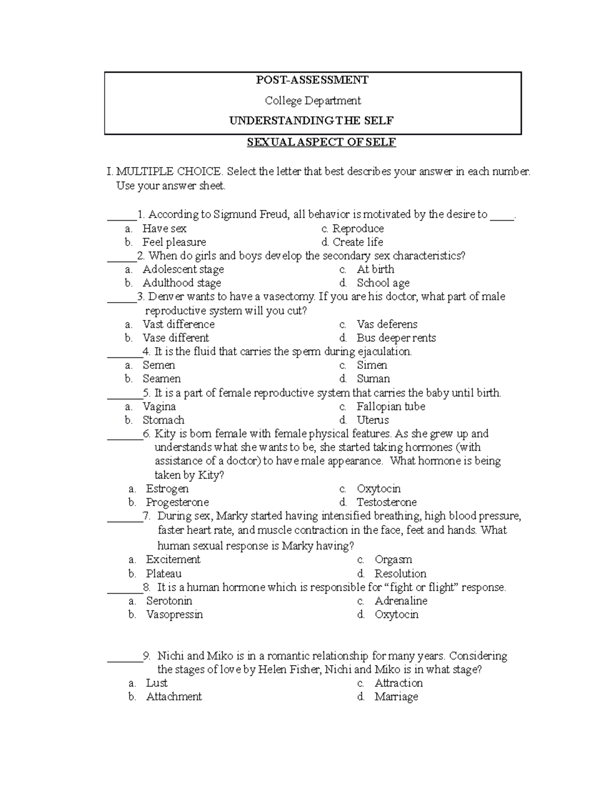 Understanding the Self: Sexual Self Quiz 2 Evaluation - Studocu