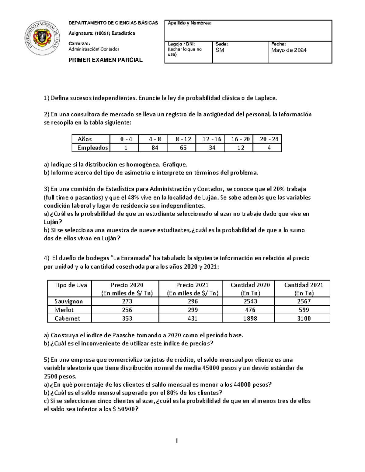 Resolución del Primer Examen Parcial - Estadística (10 091) - SM-1 - Document Preview