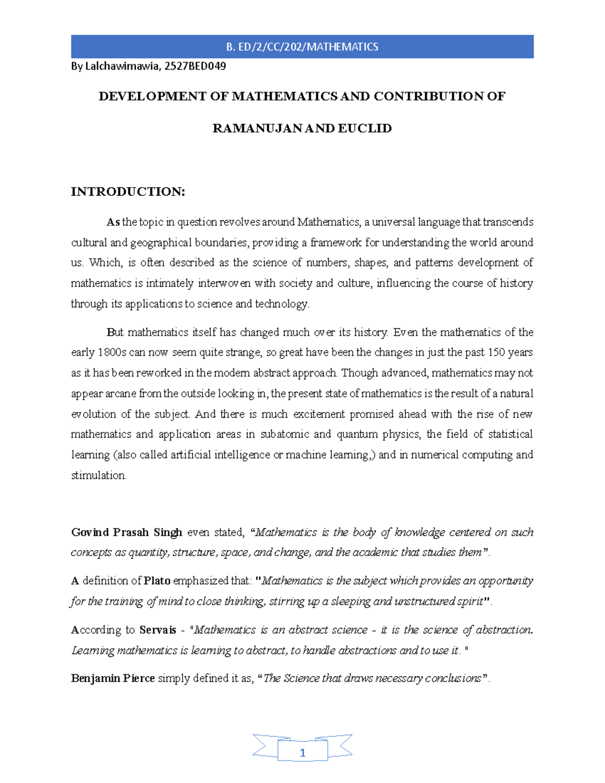 2527BED049 Development of Mathematics: Contributions of Ramanujan ...