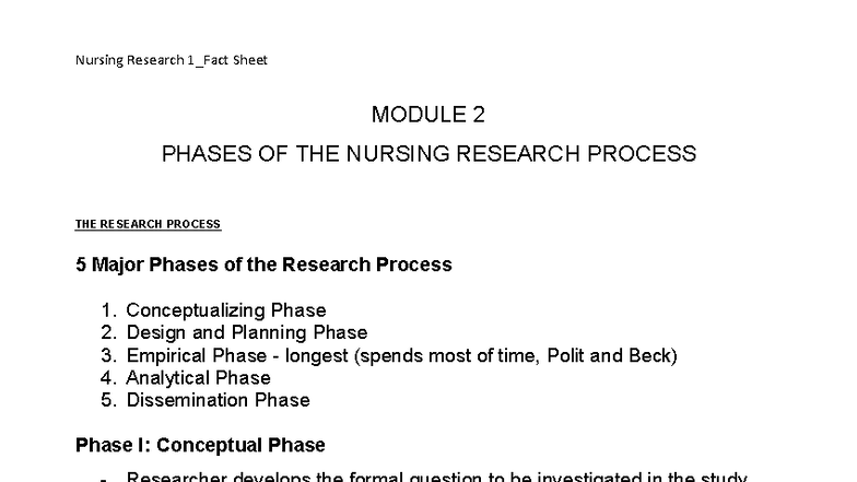 Nursing Research 1: Module 2 Fact Sheet on Research Process Phases ...