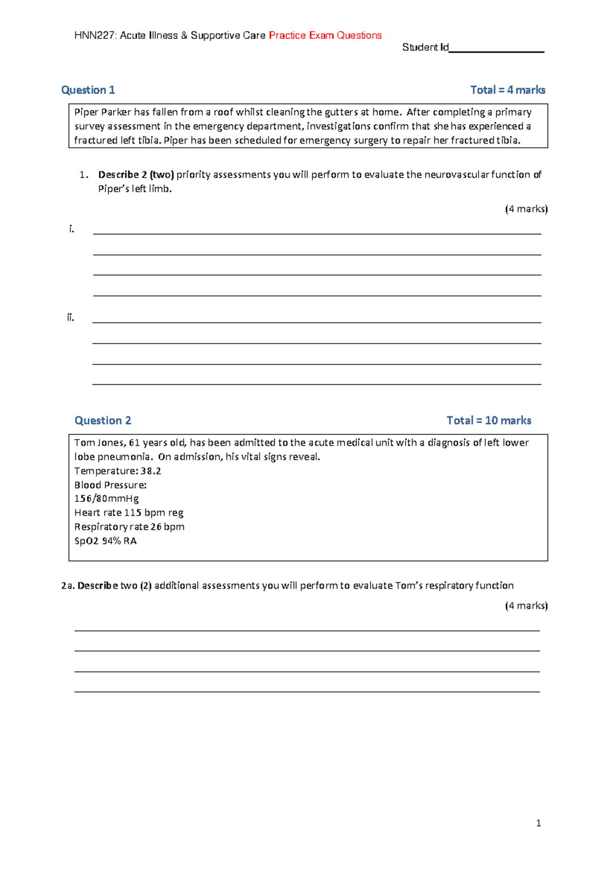 HNN227: Acute Illness & Supportive Care Practice Exam Questions - Studocu