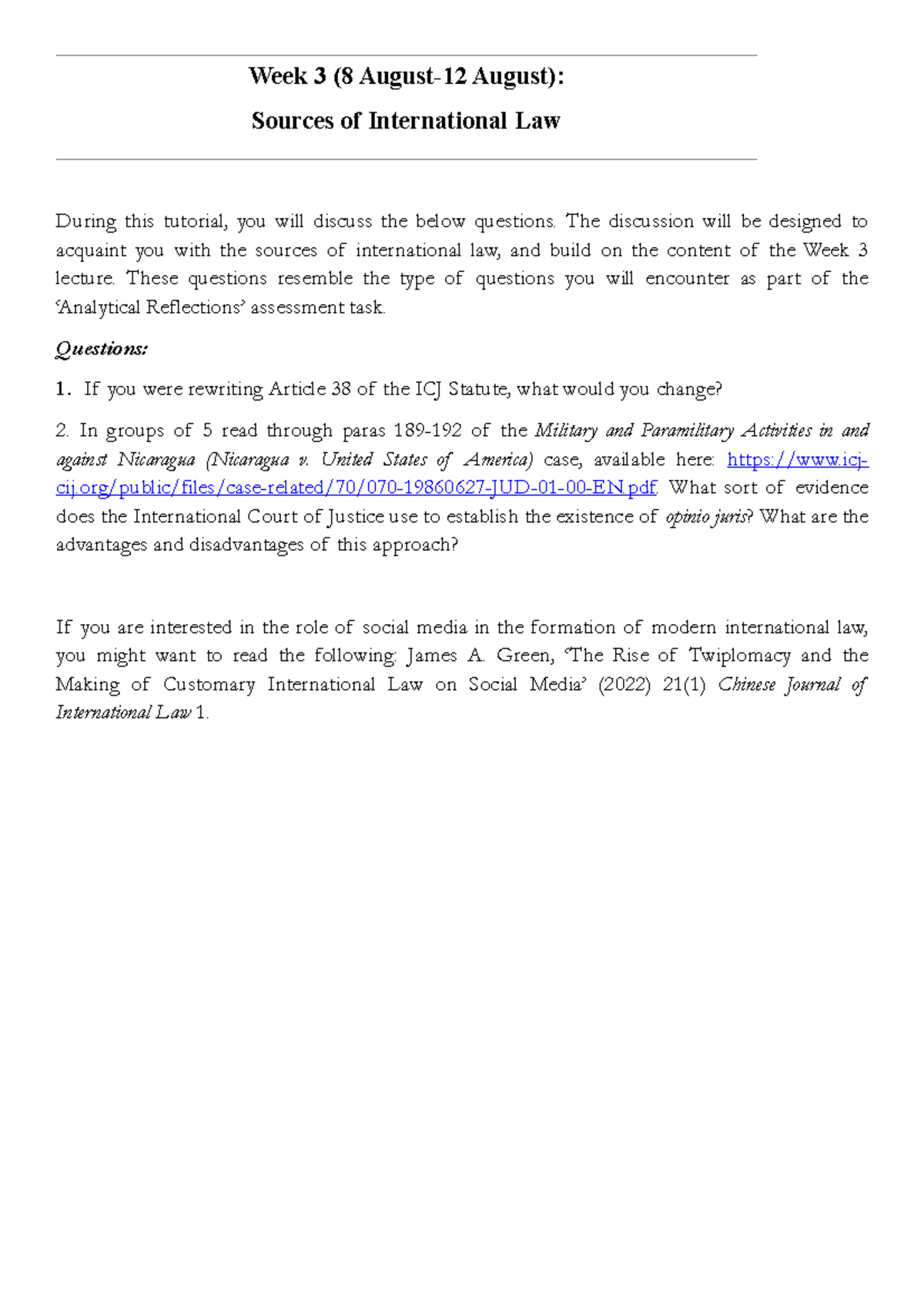 Week 3 Tutorial Questions on Sources of Int'l Law for Analytical ...