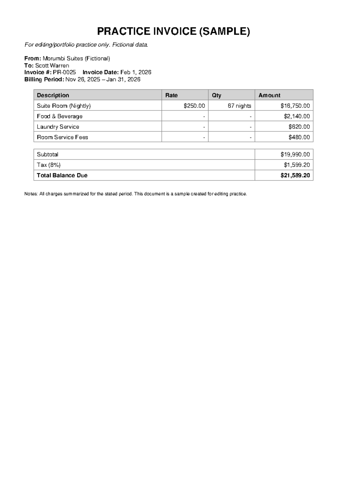 Sample Practice Hotel Invoice - PRACTICE INVOICE (SAMPLE) For editing ...