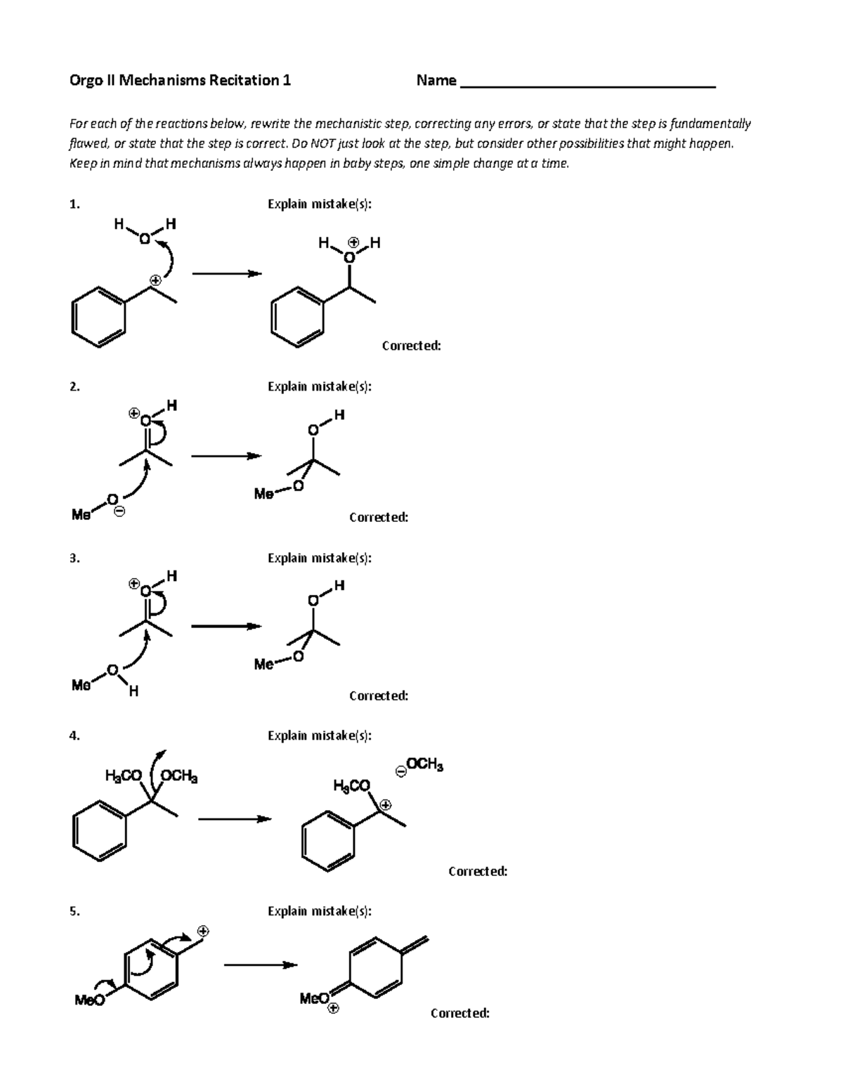Orgo II Mechanisms Recitation 1 - Reaction Corrections and Explanations ...