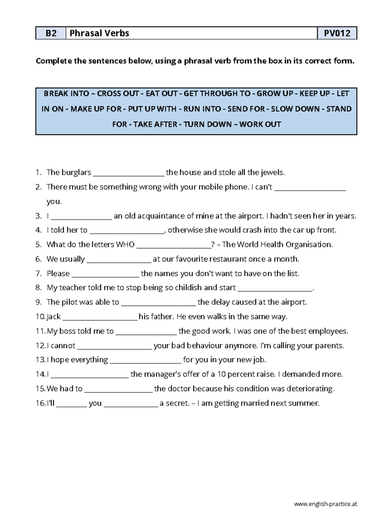B2 PV012 Phrasal Verbs Practice Material and Answers - Studocu