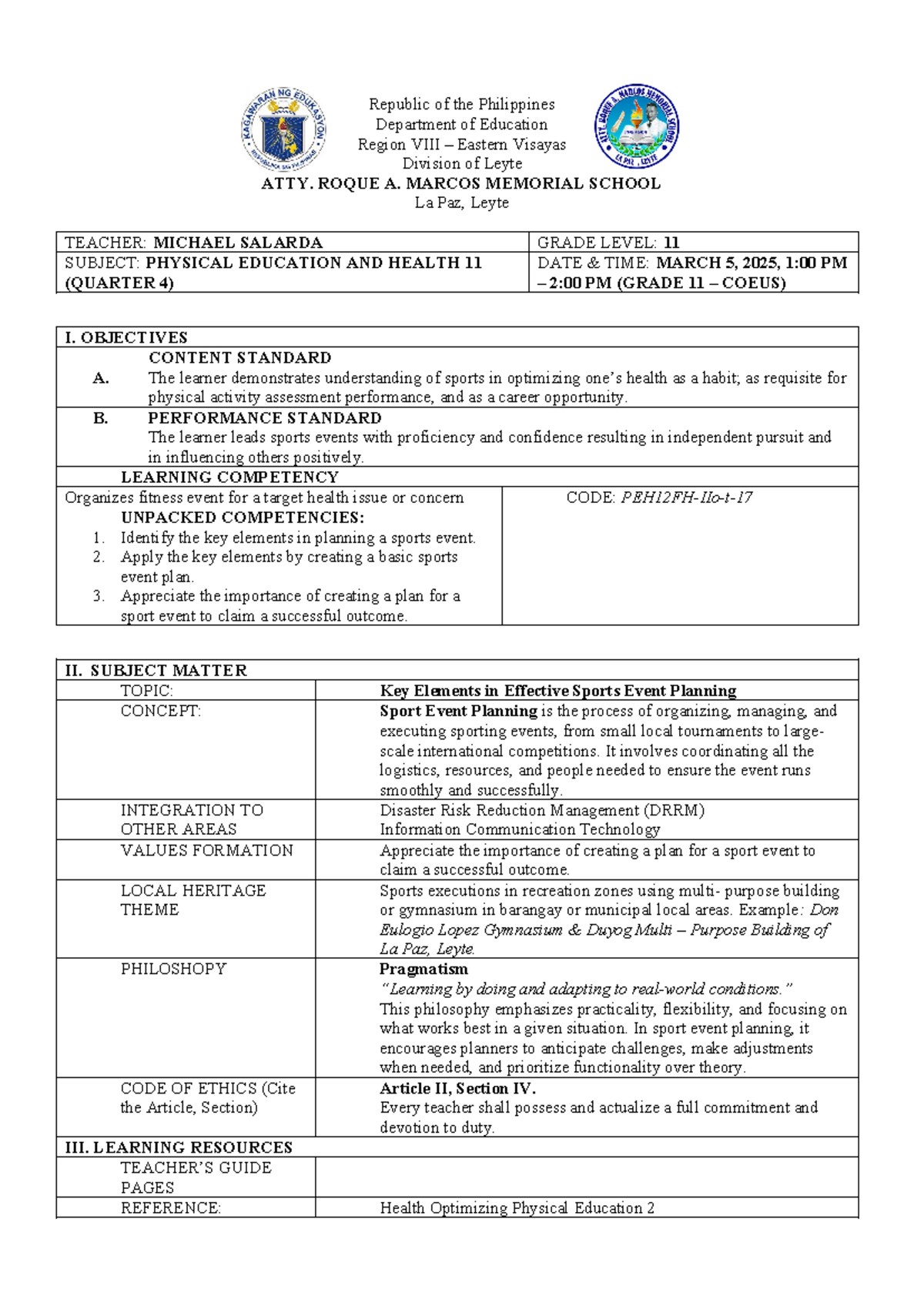 LP FOR CO 4T Quarter - Physical Science lesson plan three laws of ...
