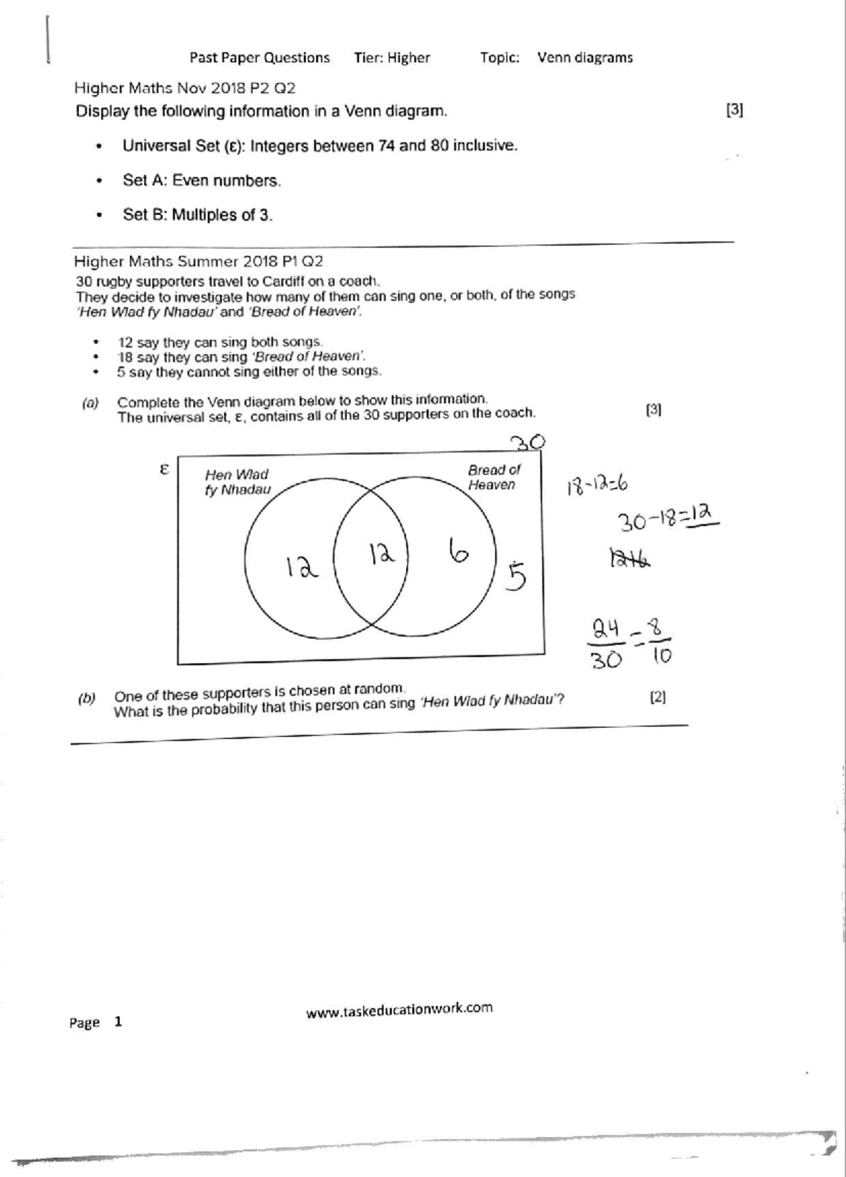 Higher Maths Venn Diagrams Past Paper Questions (2017-2019) - Studocu