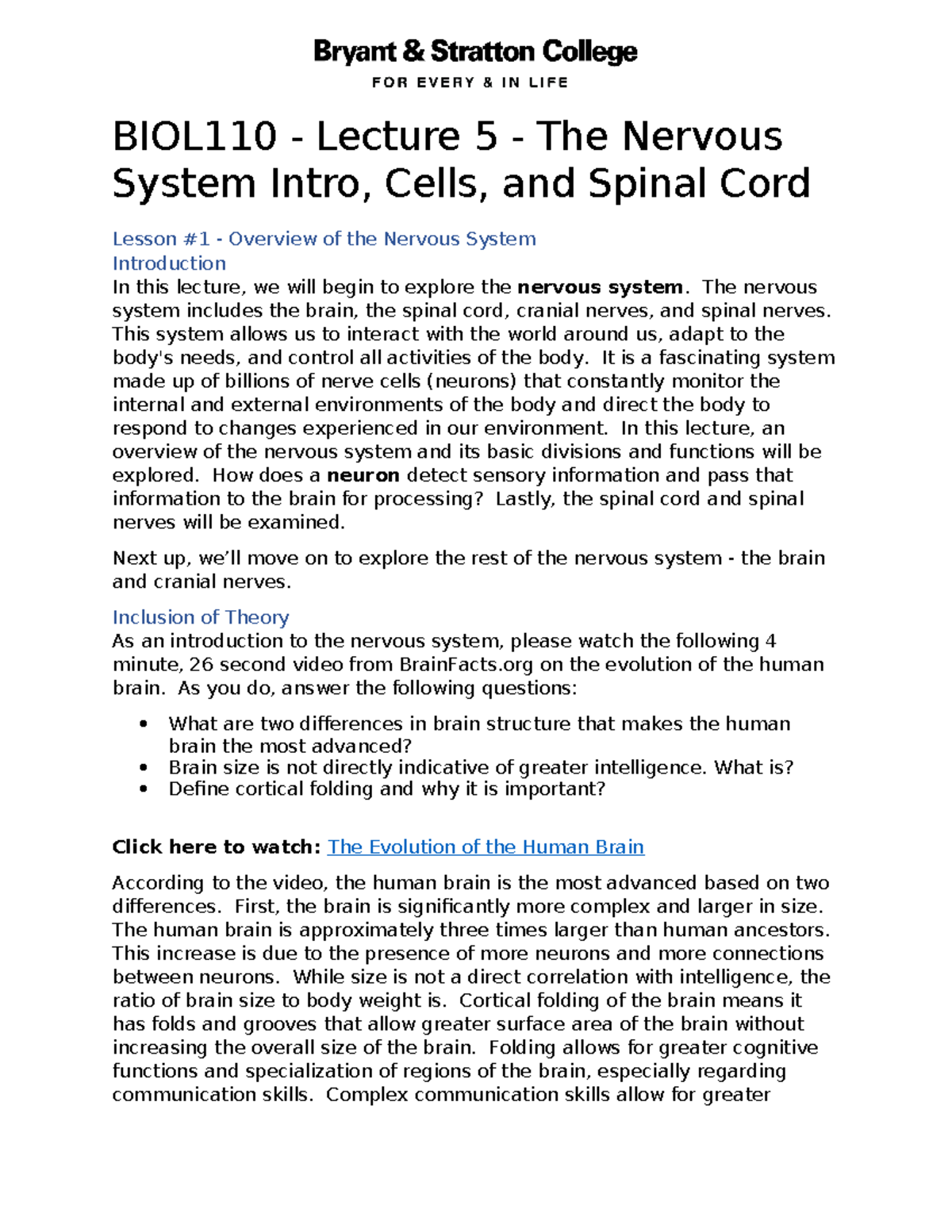 BIOL110 Lecture 5: Overview of the Nervous System and Spinal Cord - Studocu