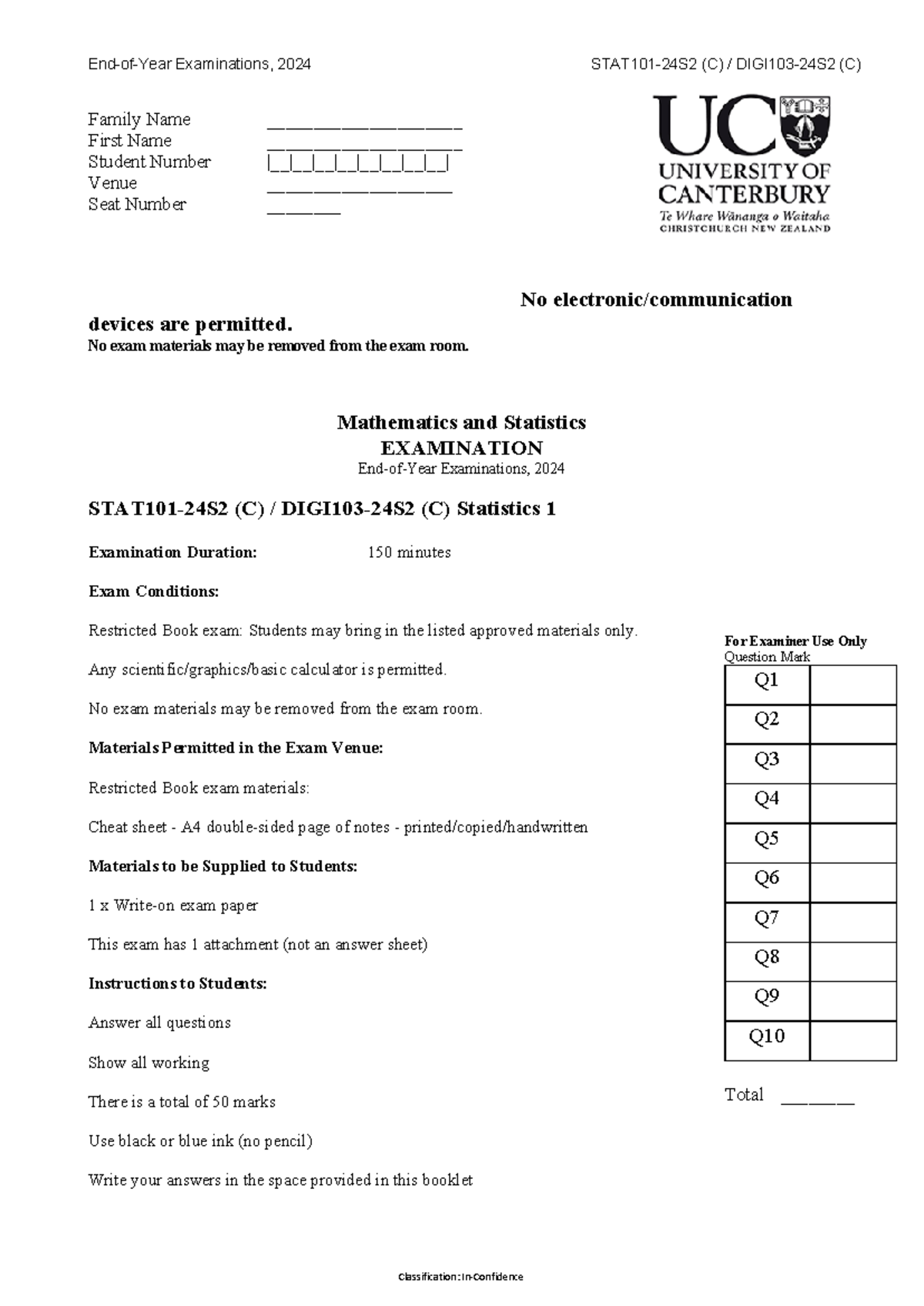 STAT101-24S2 (C) Mathematics & Statistics Final Exam Guidelines 2024 ...