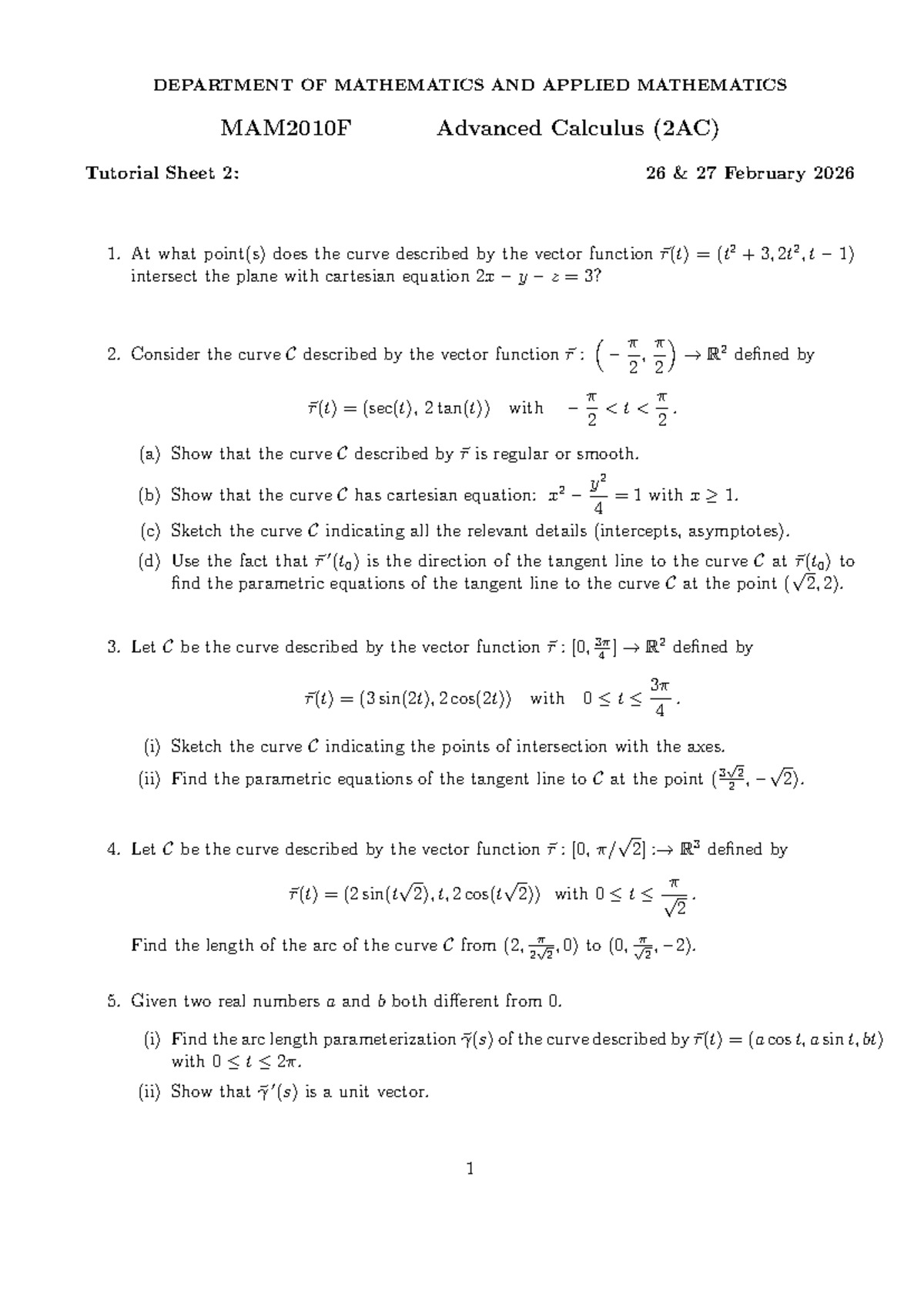 MAM2010F Advanced Calculus (2AC) Tutorial Sheet 2 Solutions - Studocu