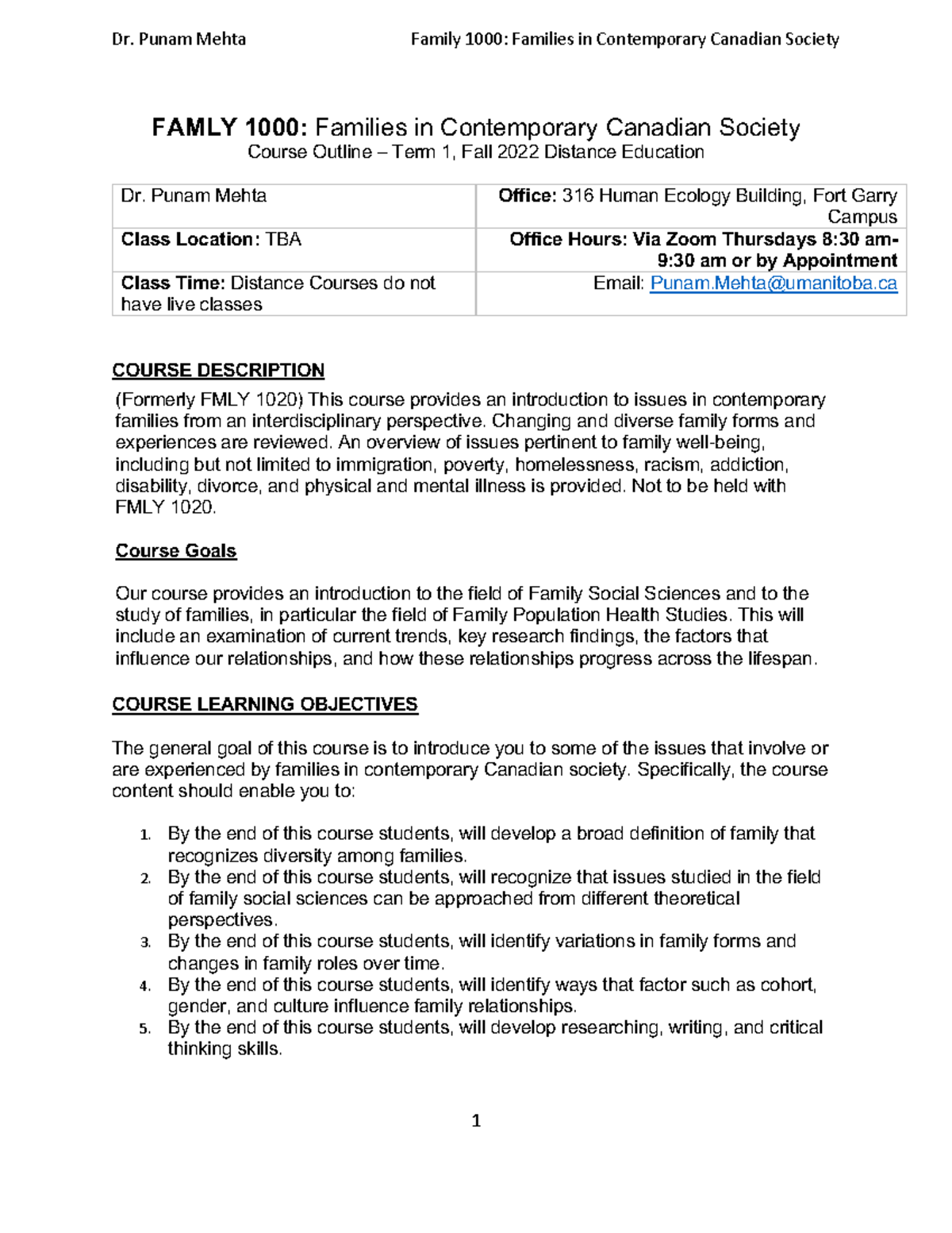 FAM 1000 Course Outline: Families in Contemporary Canadian Society ...