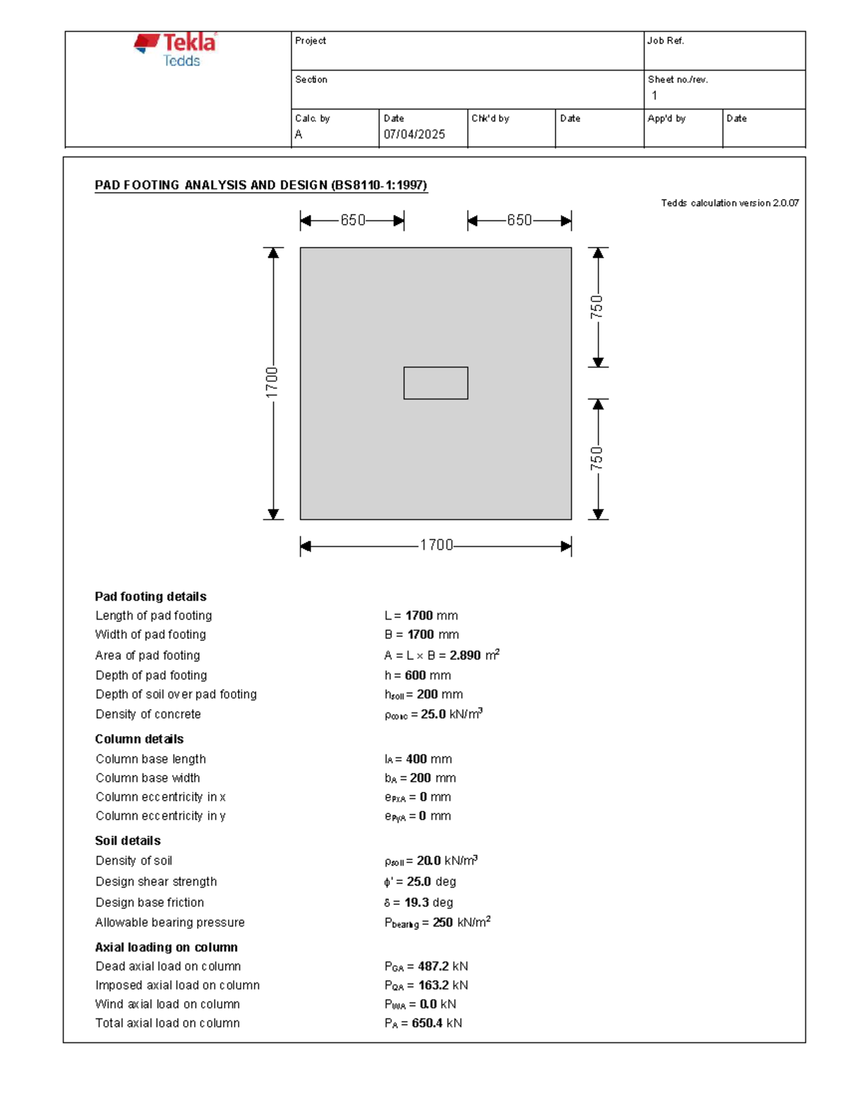 RC Column Design (BS8110) - Pad Footing Analysis & Design Calculations ...