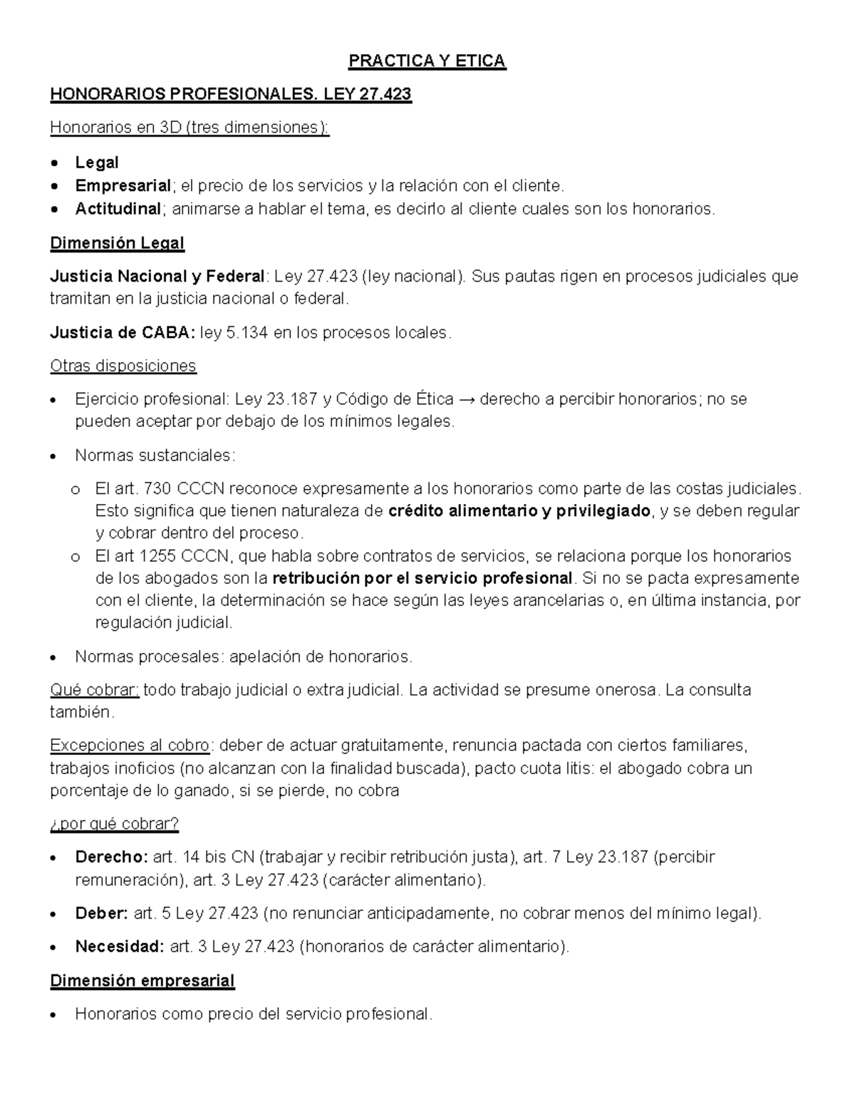 PRACTICA Y ÉTICA DE HONORARIOS PROFESIONALES - LEY 27.423 - Studocu